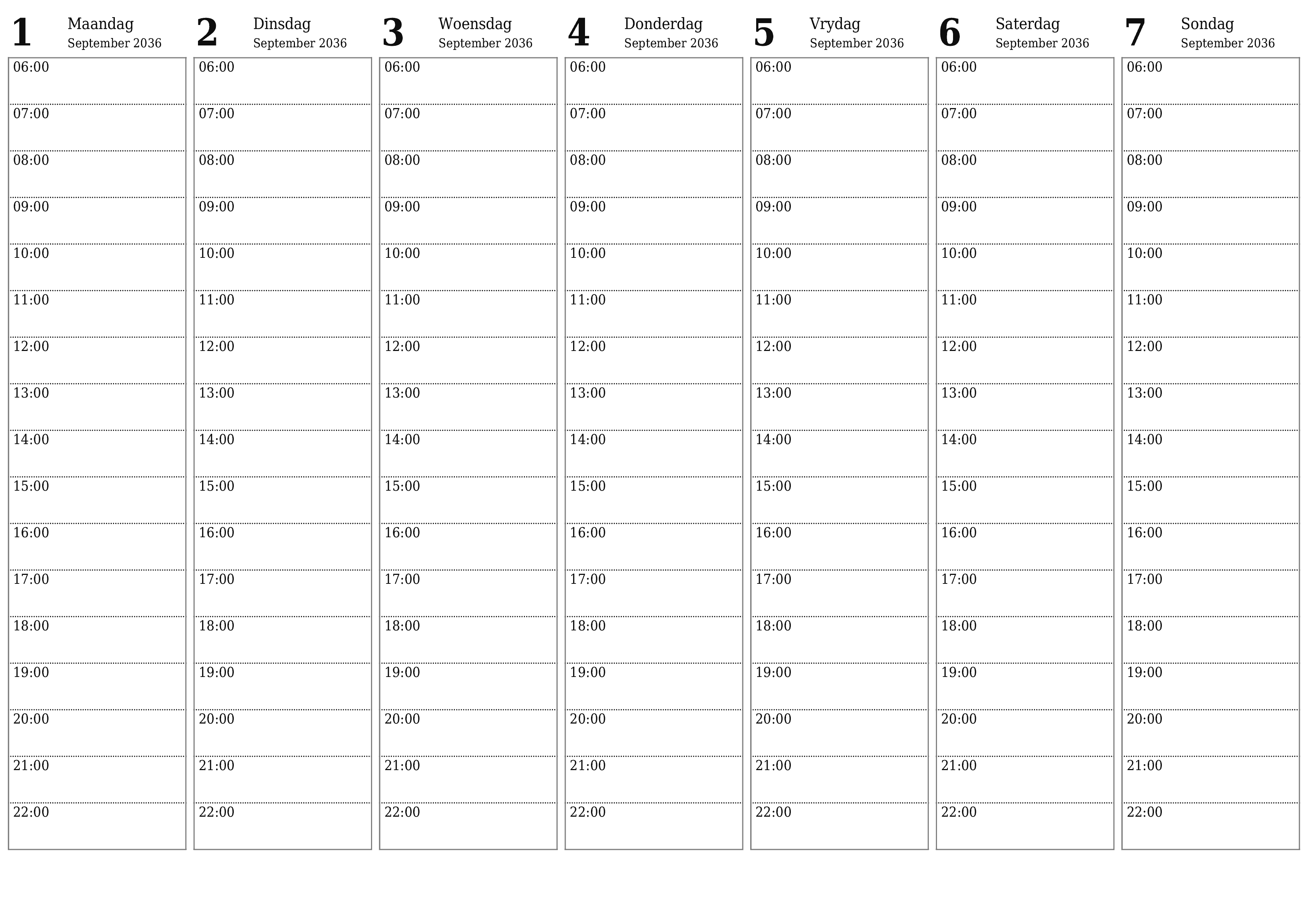 Leë weeklikse drukbare kalender en beplanner vir week September 2036 met notas, stoor en druk na PDF PNG Afrikaans
