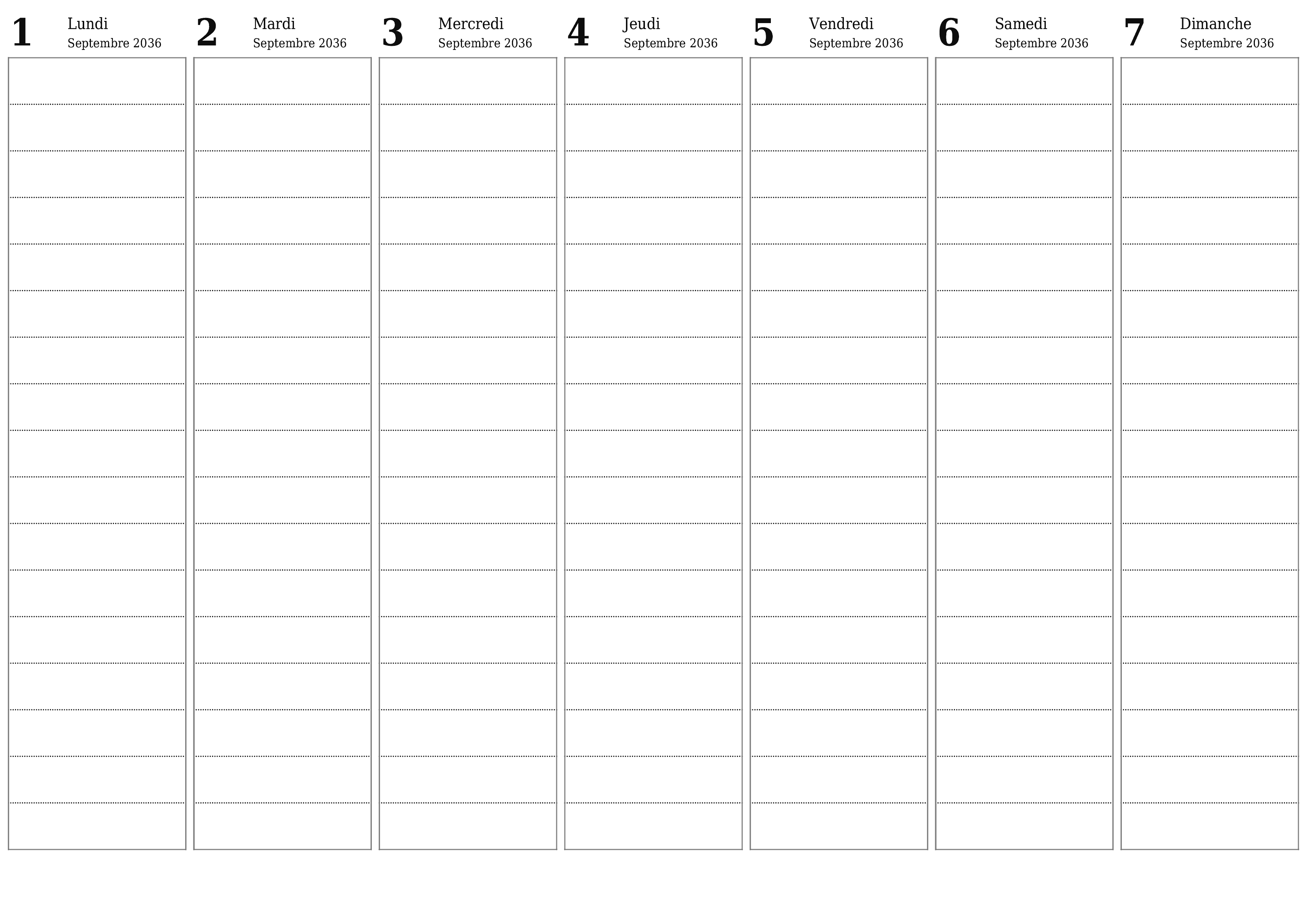 Agenda hebdomadaire vide pendant des semaines Septembre 2036 avec notes, enregistrez et imprimez au format PDF PNG French