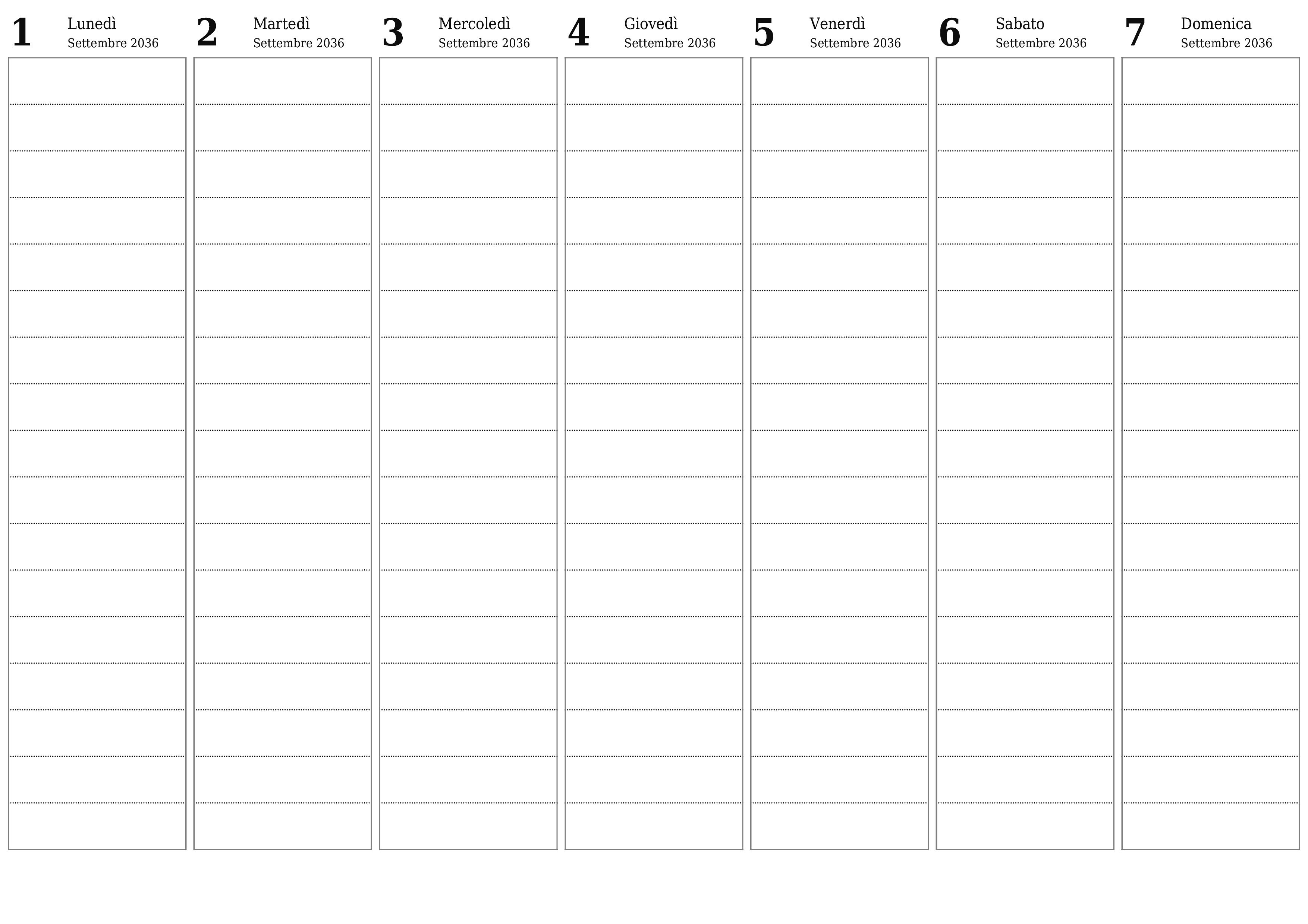 Agenda settimanale vuota per settimane Settembre 2036 con note, salva e stampa in PDF PNG Italian