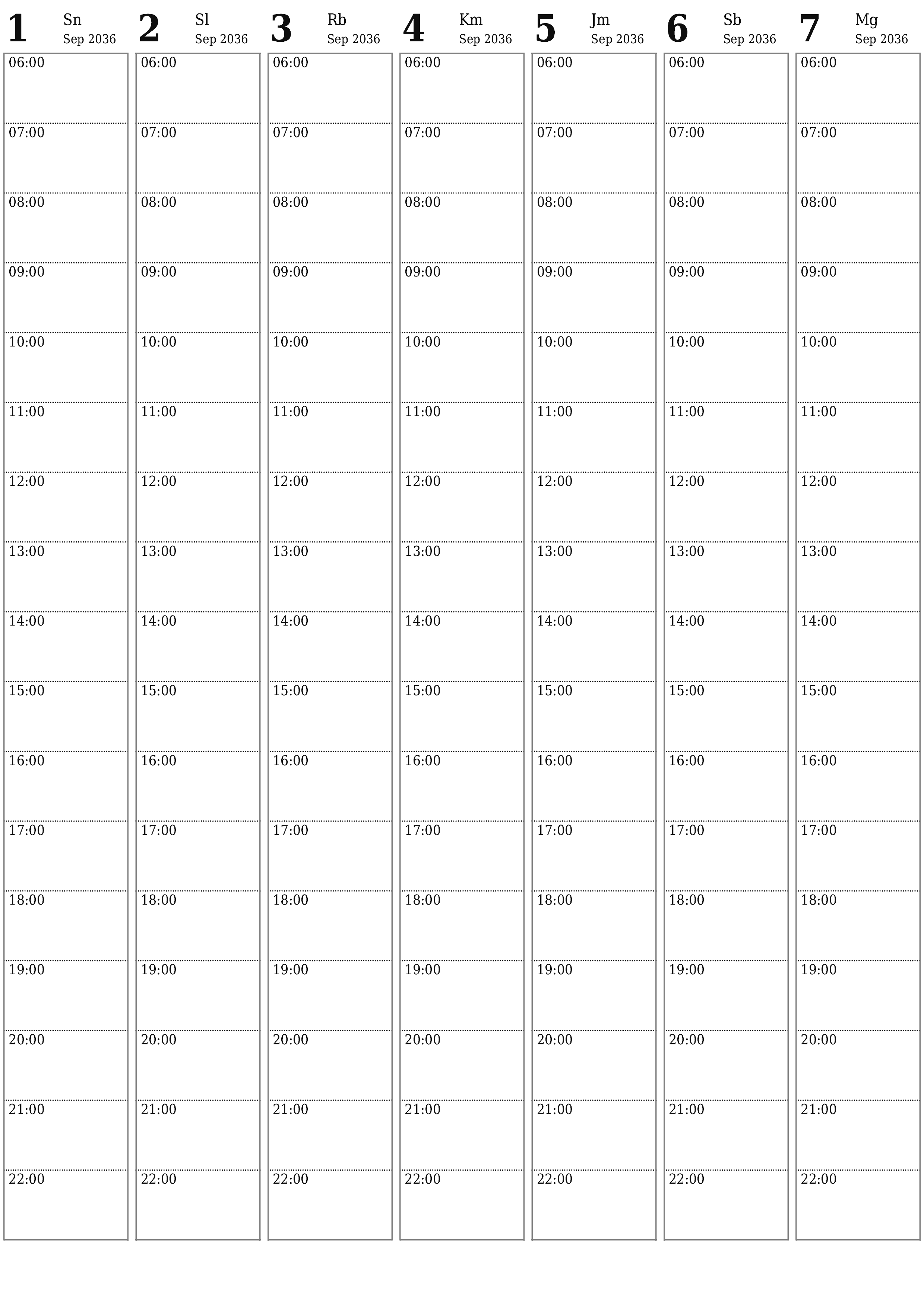  yang dapat dicetak dinding templat gratisvertikal Mingguan perencana kalender September (Sep) 2036