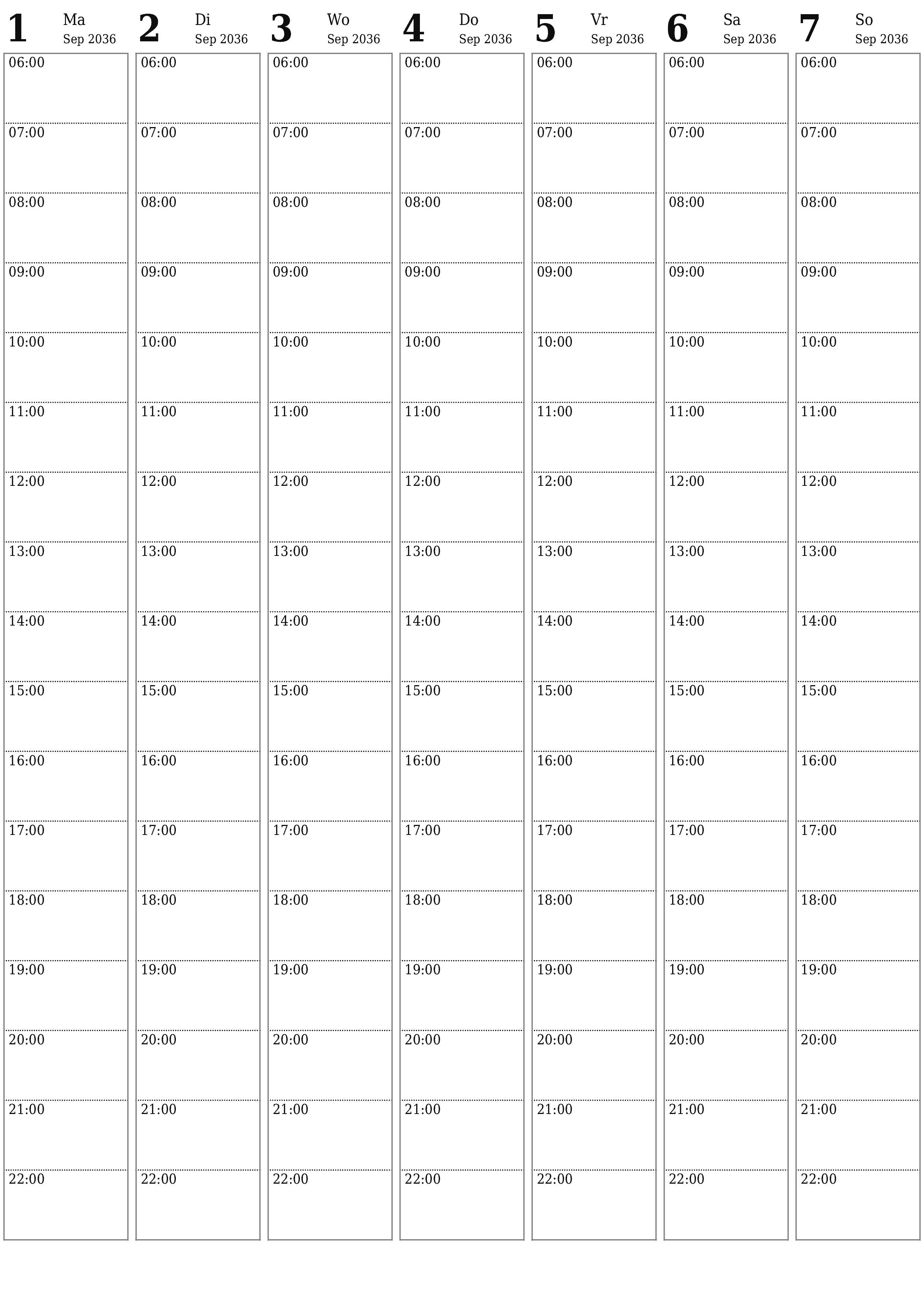 drukbare muur template gratis vertikaal Weekliks beplanner kalender September (Sep) 2036