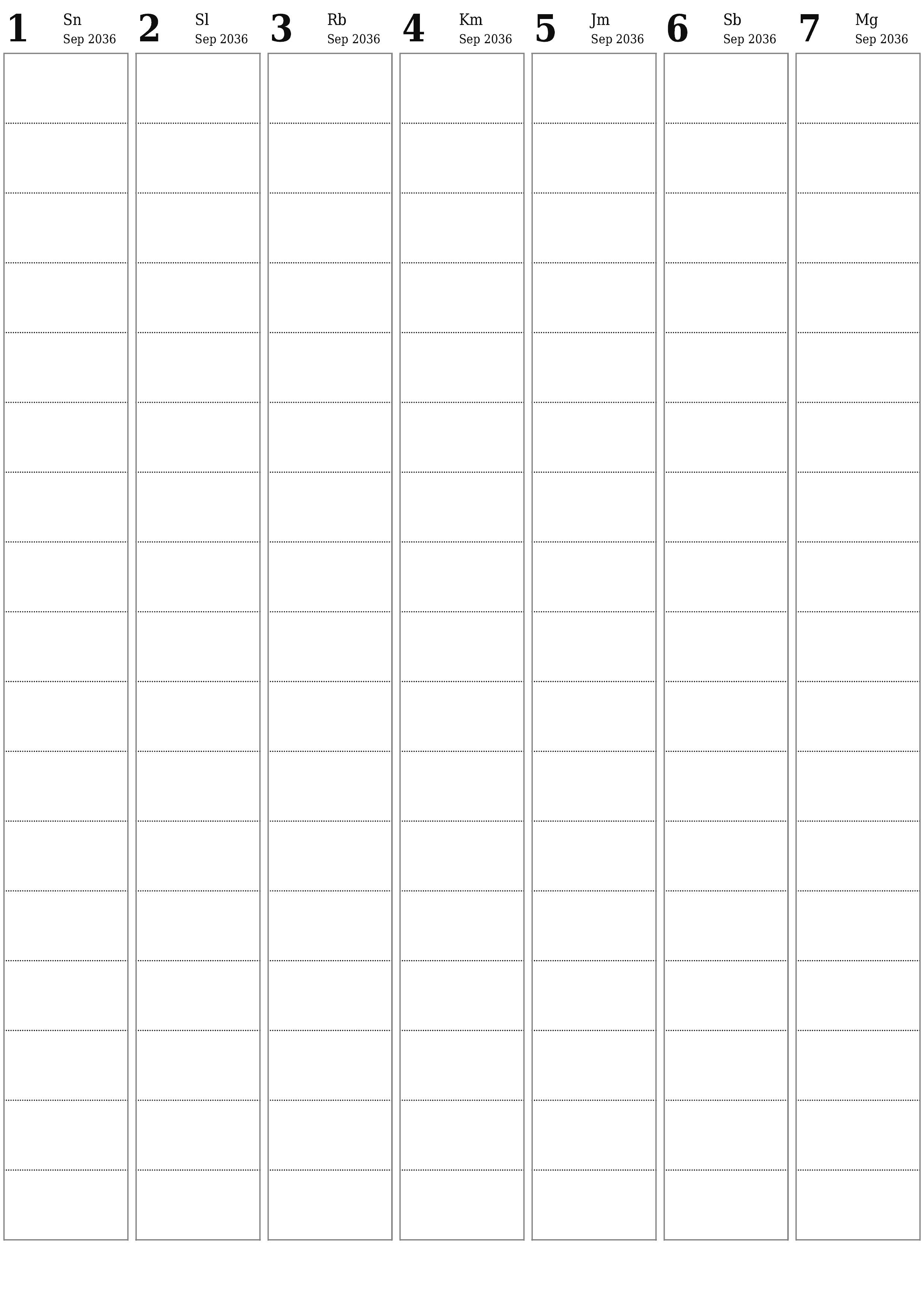  yang dapat dicetak dinding templat gratisvertikal Mingguan perencana kalender September (Sep) 2036