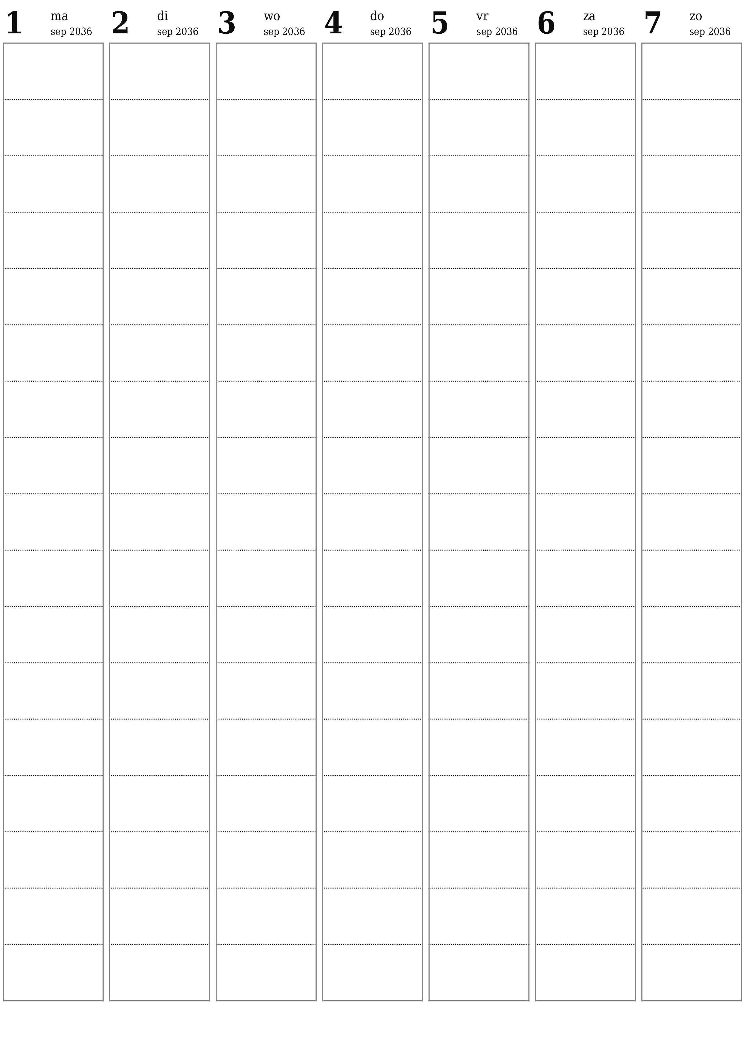 afdrukbare muur sjabloon gratis verticaal Wekelijks planner kalender september (sep) 2036