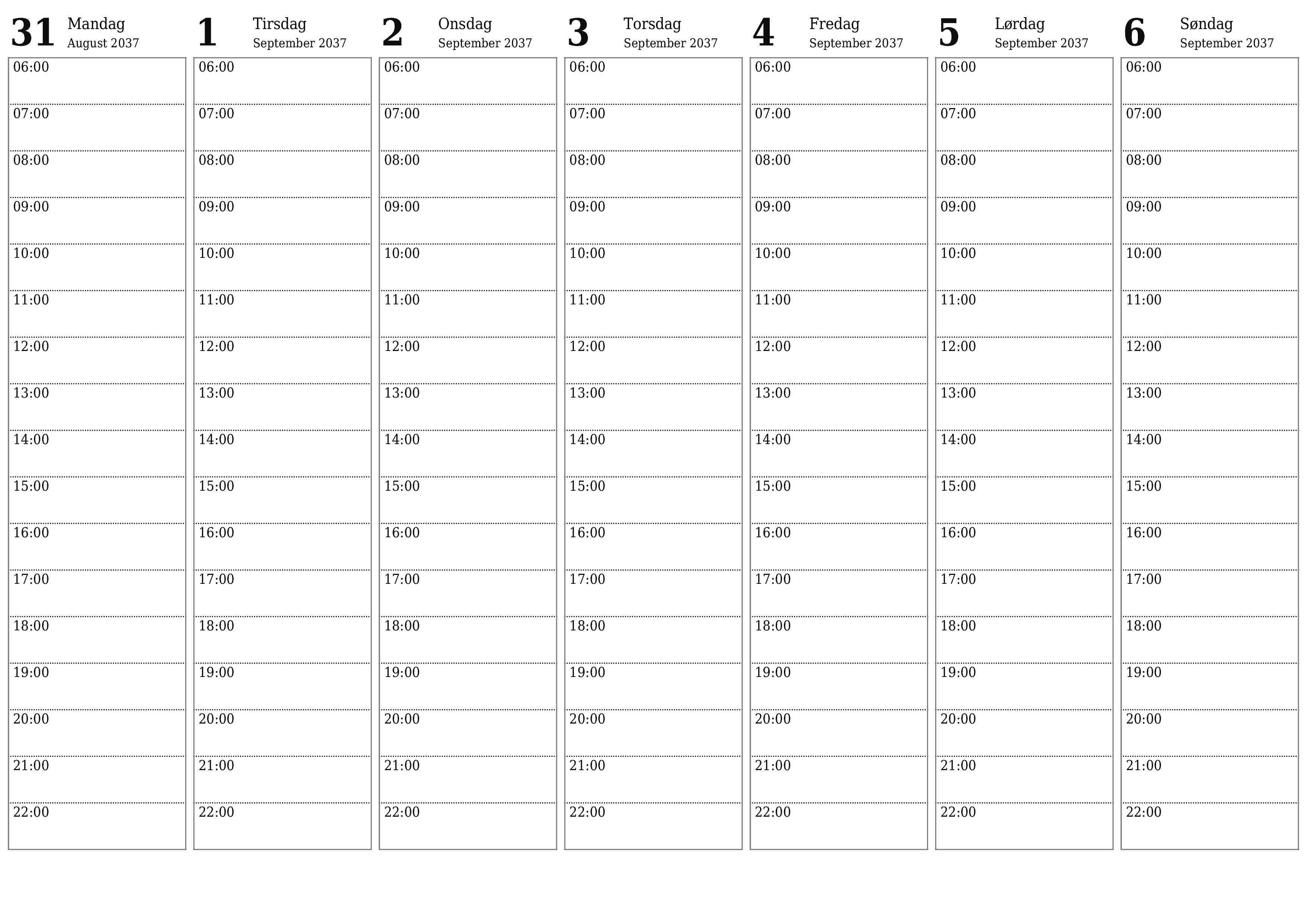 udskrivbar væg skabelon gratis vandret Ugentligt planlægger kalender September (Sep) 2037