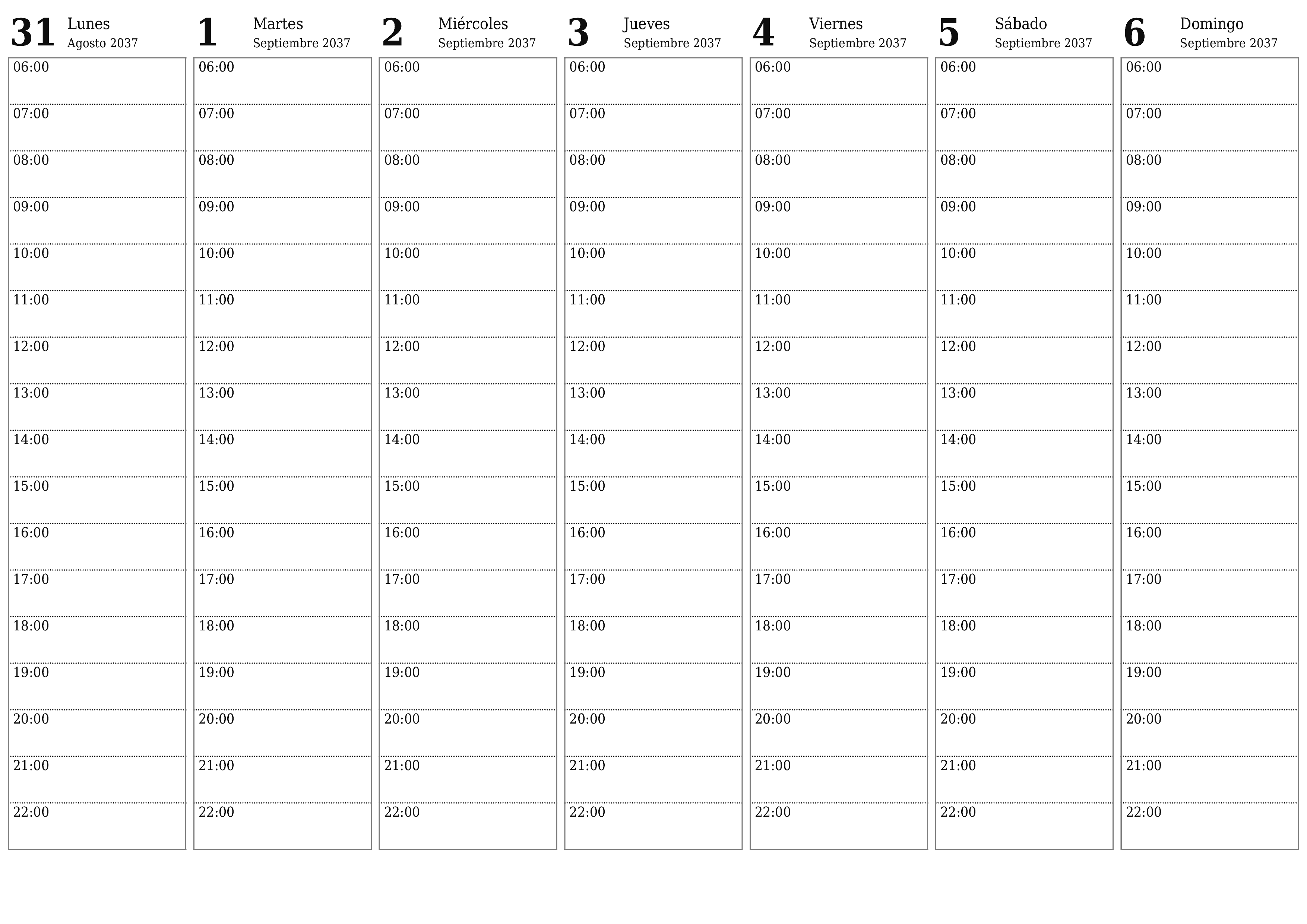 Planificador semanal vacío para semanas Septiembre 2037 con notas, guardar e imprimir en PDF PNG Spanish
