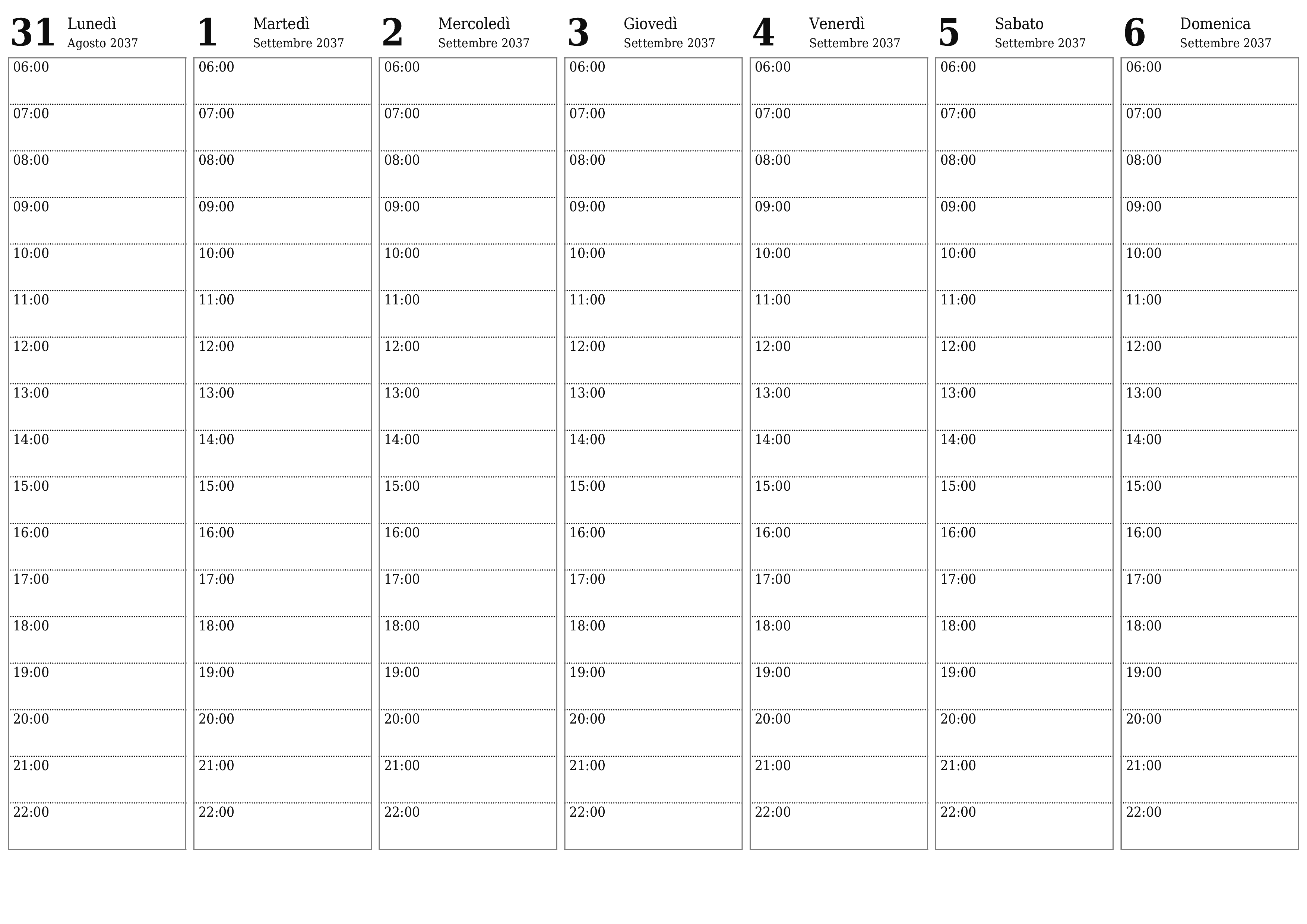 Agenda settimanale vuota per settimane Settembre 2037 con note, salva e stampa in PDF PNG Italian