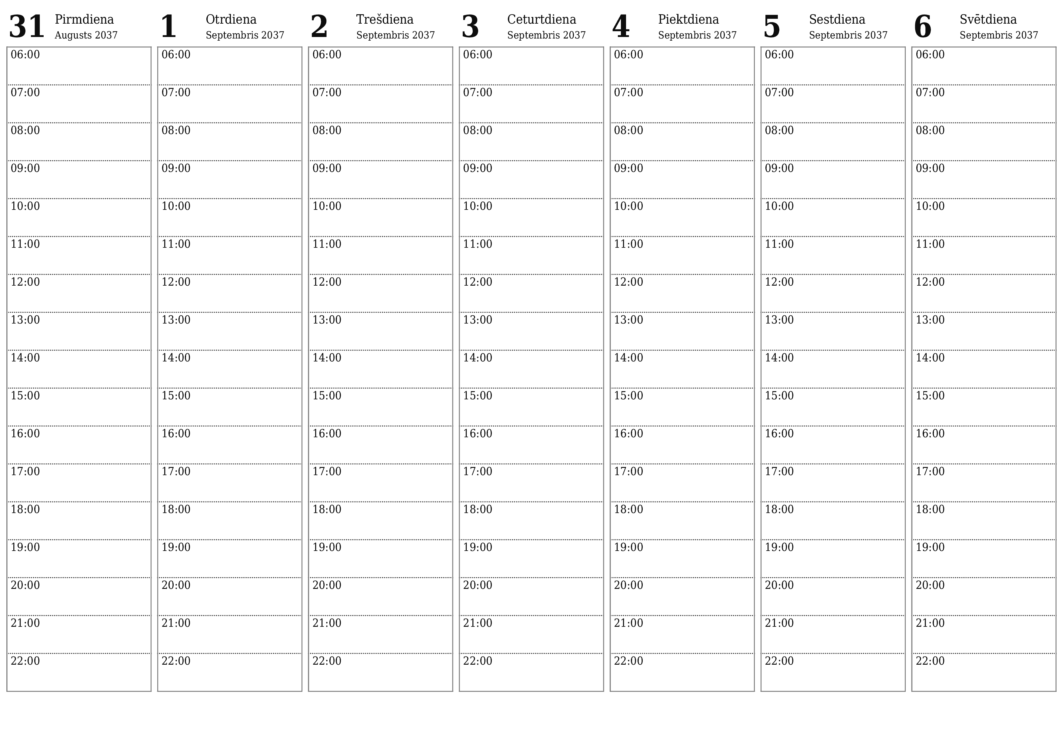 Iztukšojiet nedēļas plānotāju nedēļām Septembris 2037 ar piezīmēm, saglabājiet un izdrukājiet PDF formātā PNG Latvian
