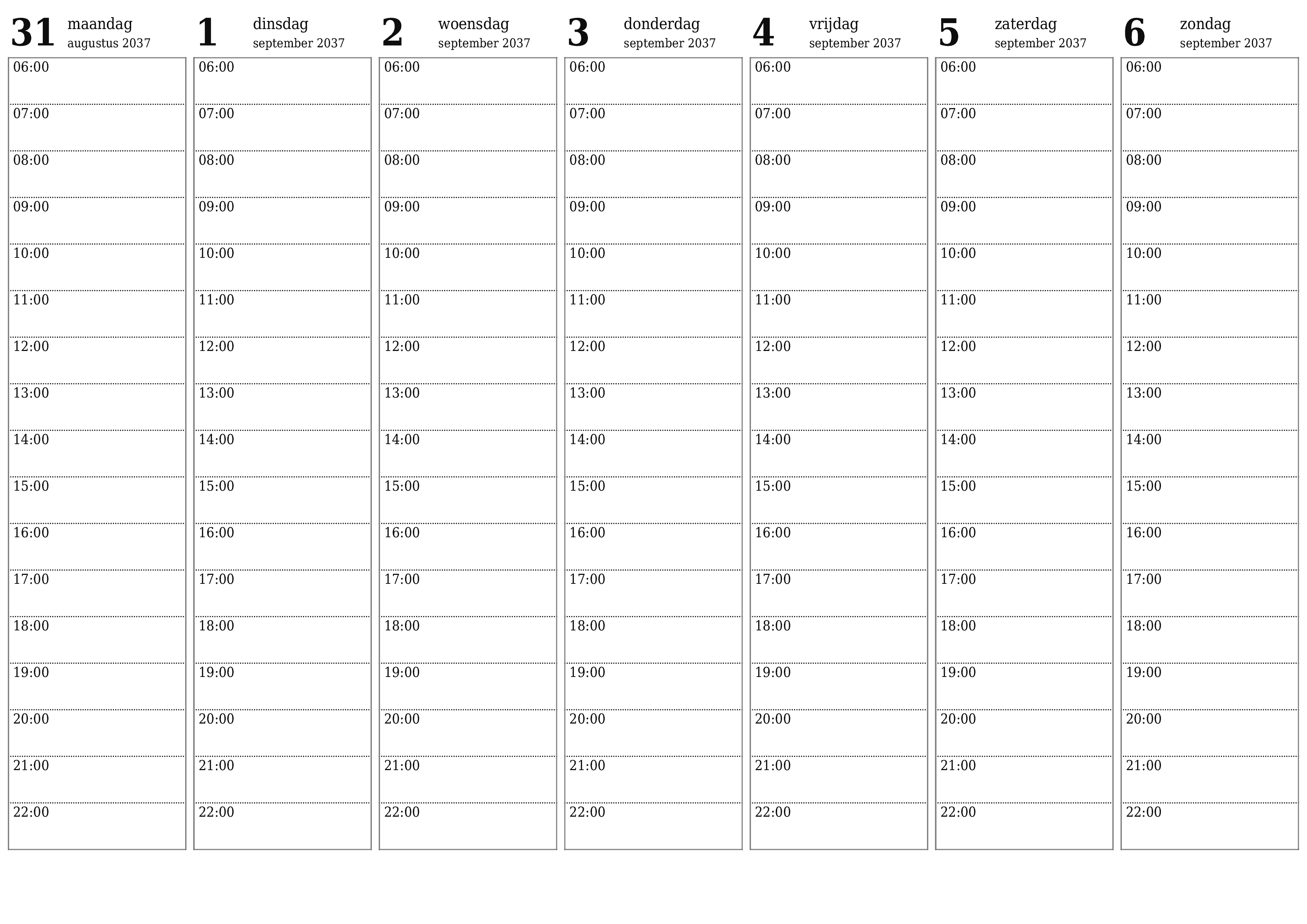 Lege weekplanner voor weken september 2037 met notities, opslaan en afdrukken naar pdf PNG Dutch