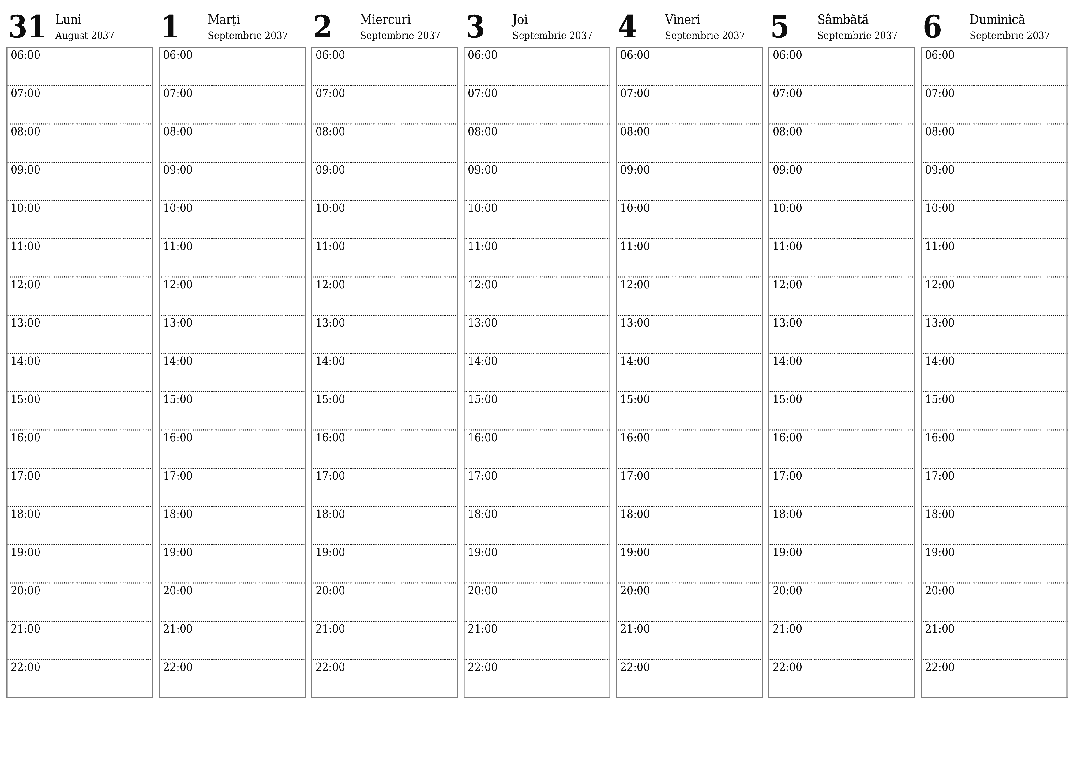 Planificator săptămânal gol pentru săptămâni Septembrie 2037 cu note, salvați și tipăriți în PDF PNG Romanian
