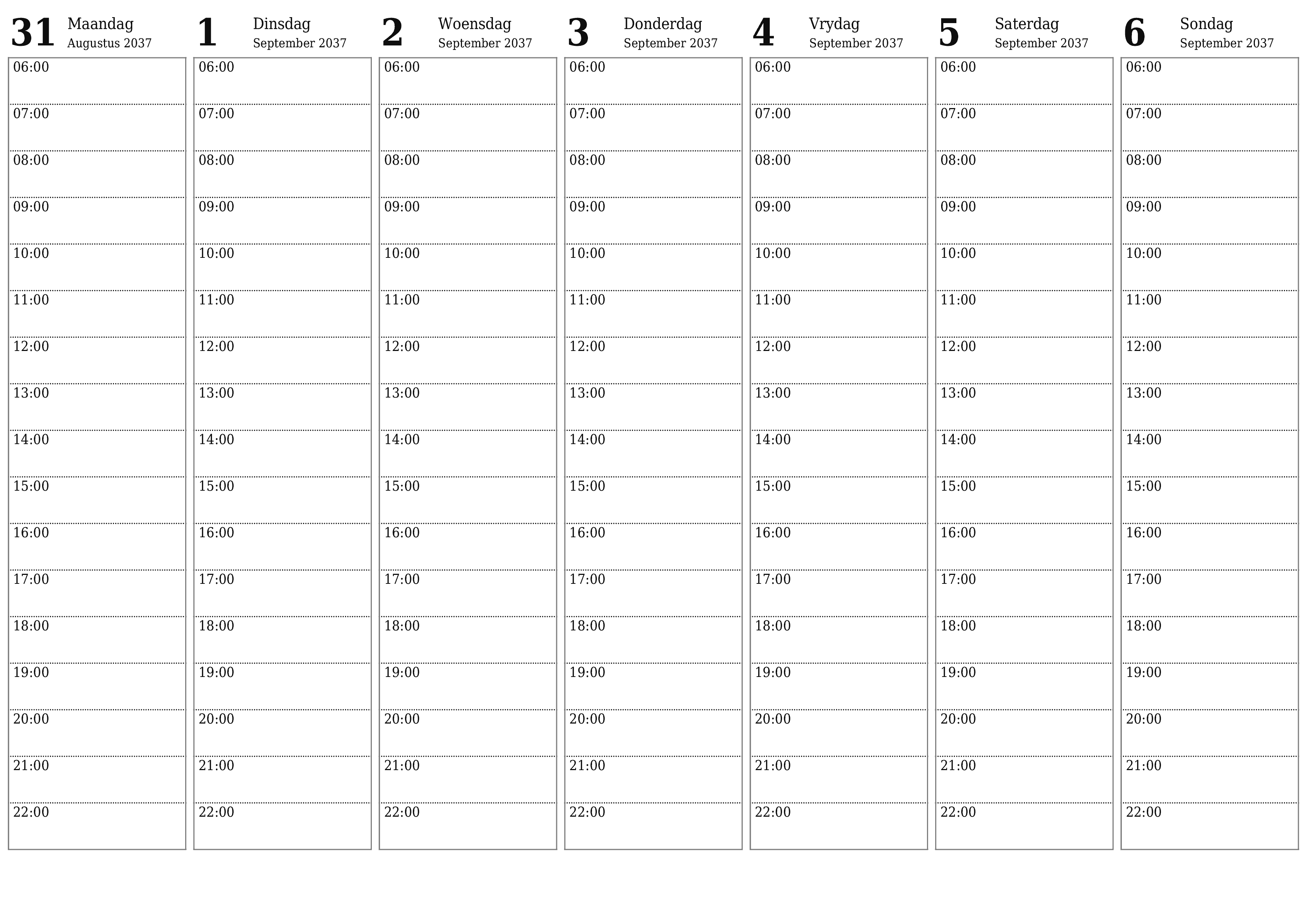 Leë weeklikse drukbare kalender en beplanner vir week September 2037 met notas, stoor en druk na PDF PNG Afrikaans