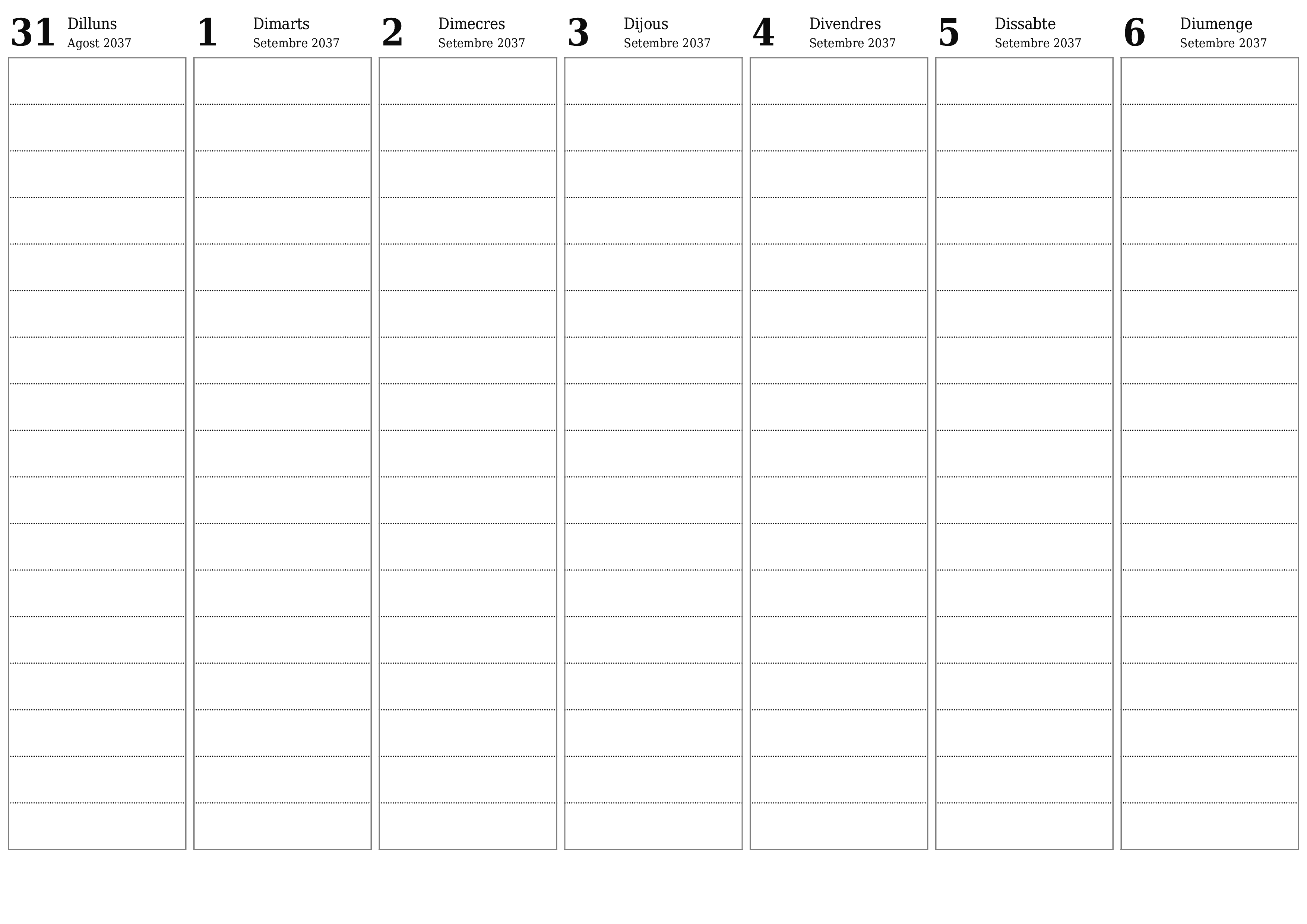 Planificador setmanal buit durant setmanes Setembre 2037 amb notes, deseu-lo i imprimiu-lo en format PDF PNG Catalan