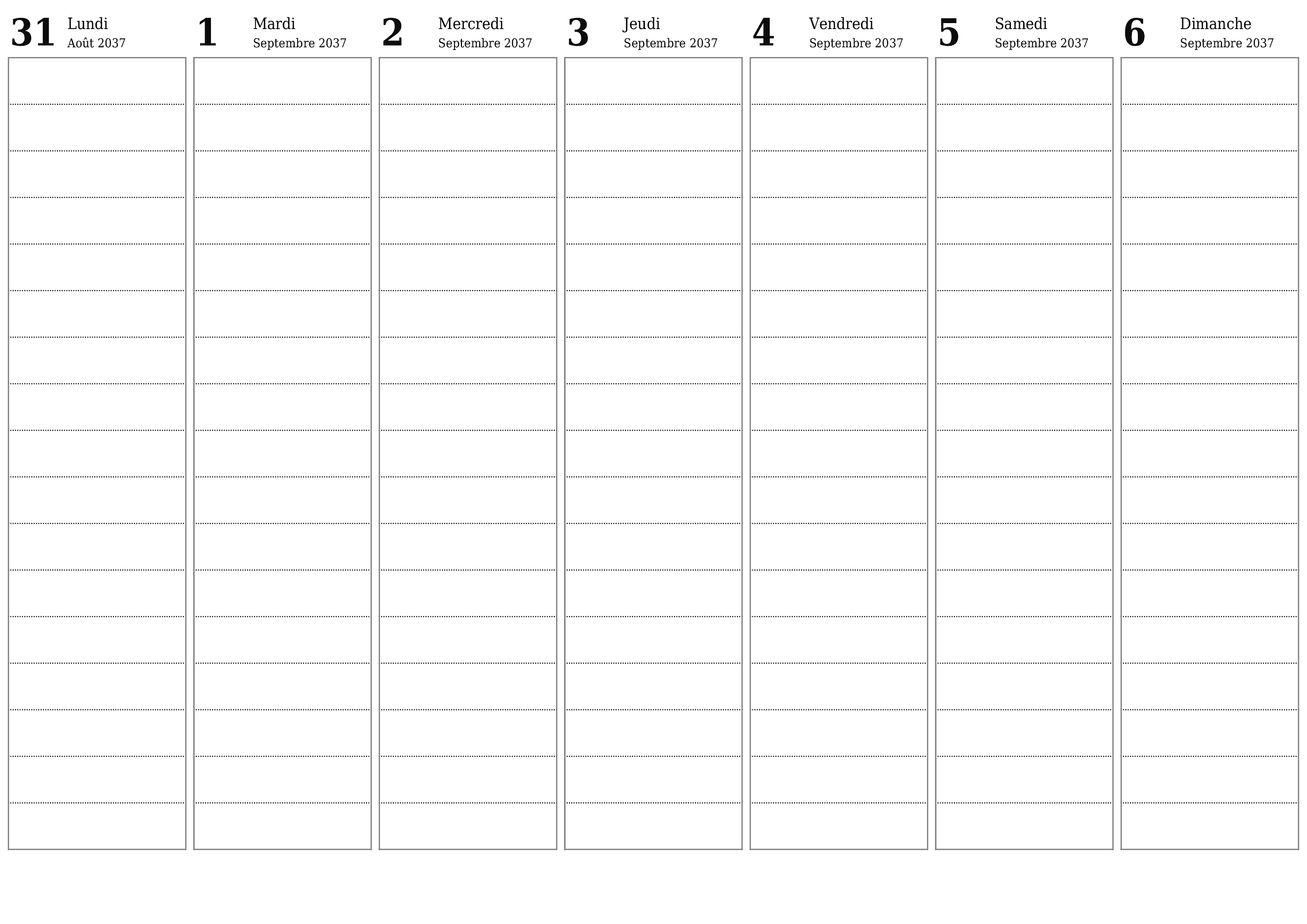 Agenda hebdomadaire vide pendant des semaines Septembre 2037 avec notes, enregistrez et imprimez au format PDF PNG French