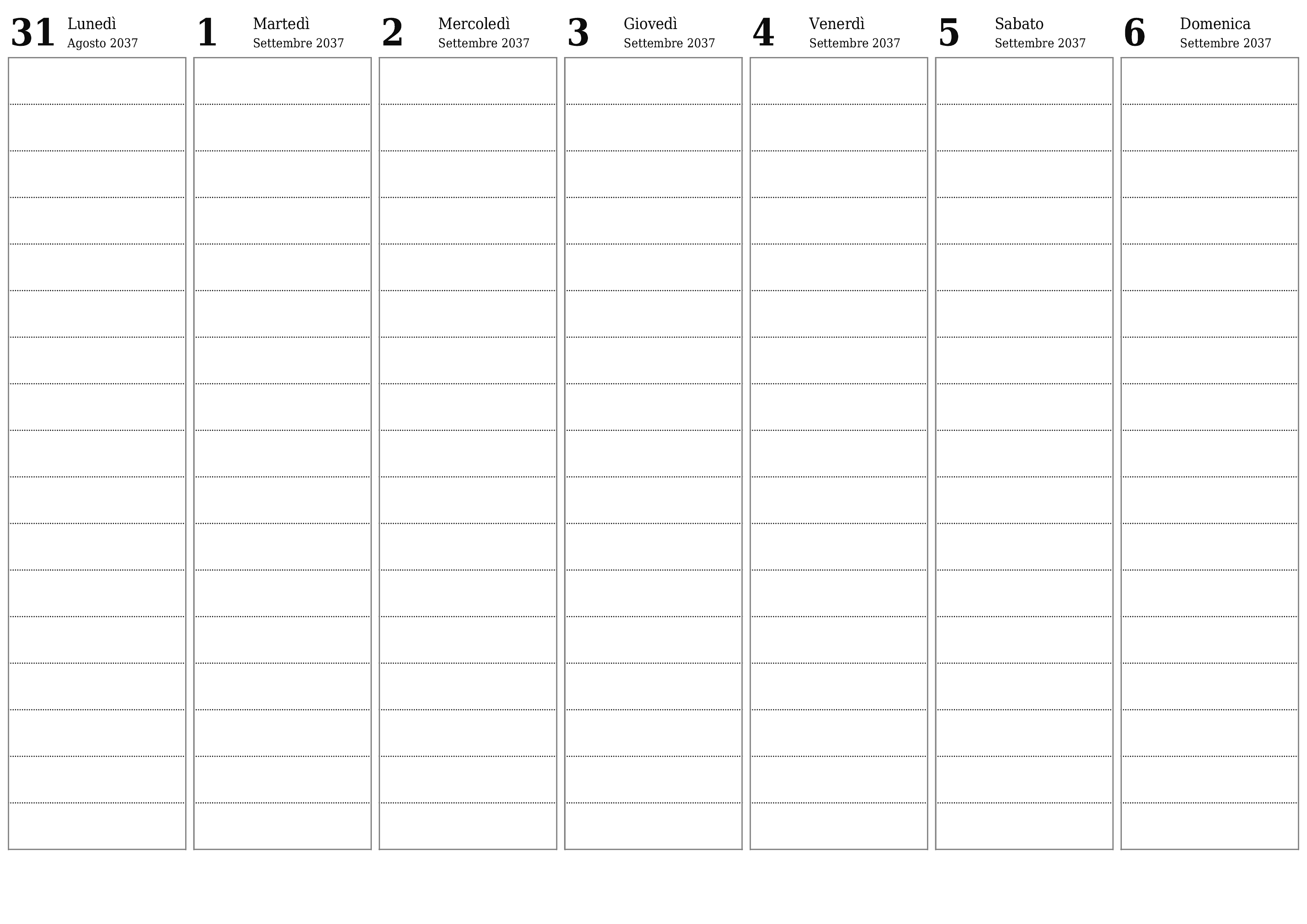 Agenda settimanale vuota per settimane Settembre 2037 con note, salva e stampa in PDF PNG Italian