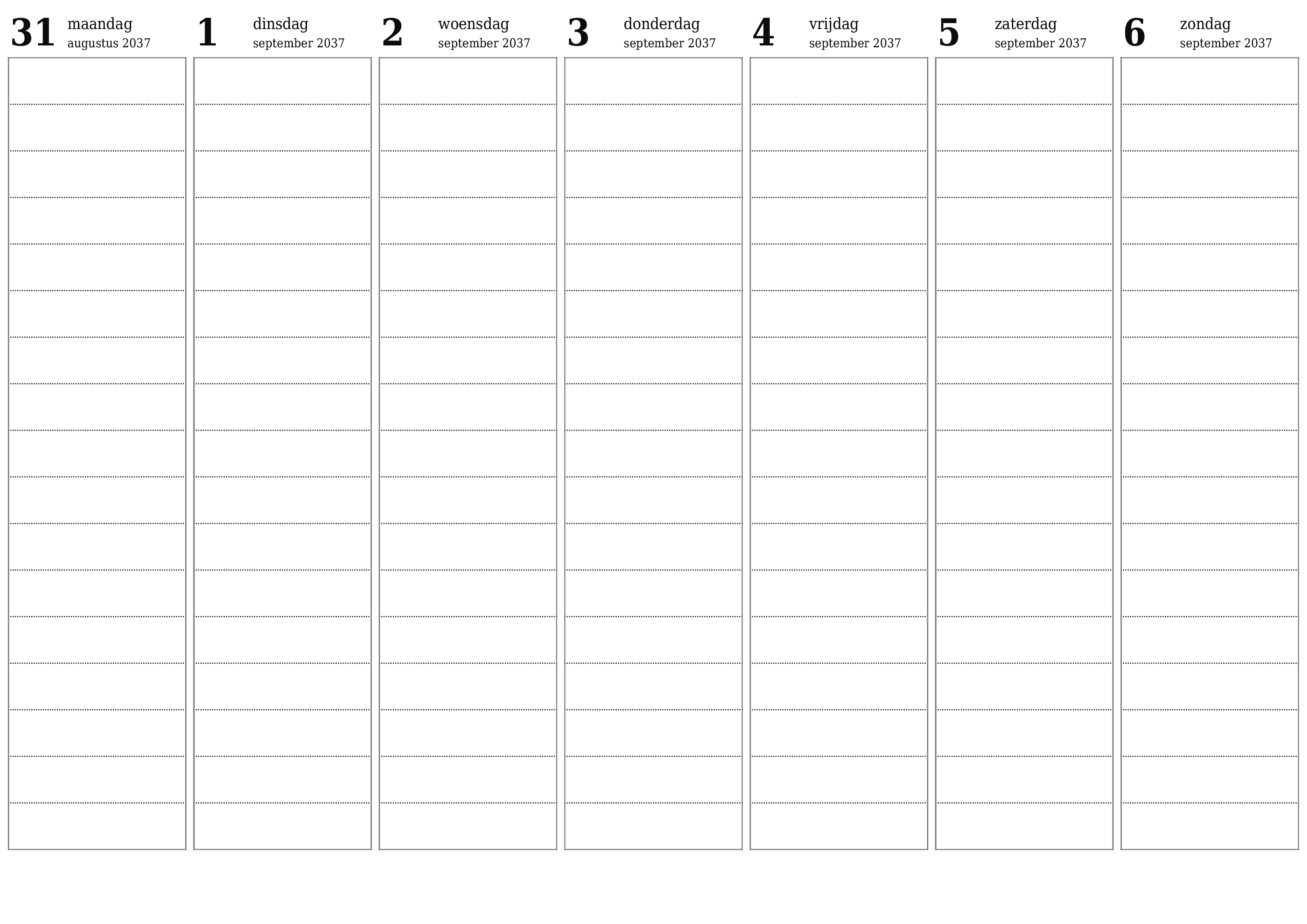 Lege weekplanner voor weken september 2037 met notities, opslaan en afdrukken naar pdf PNG Dutch