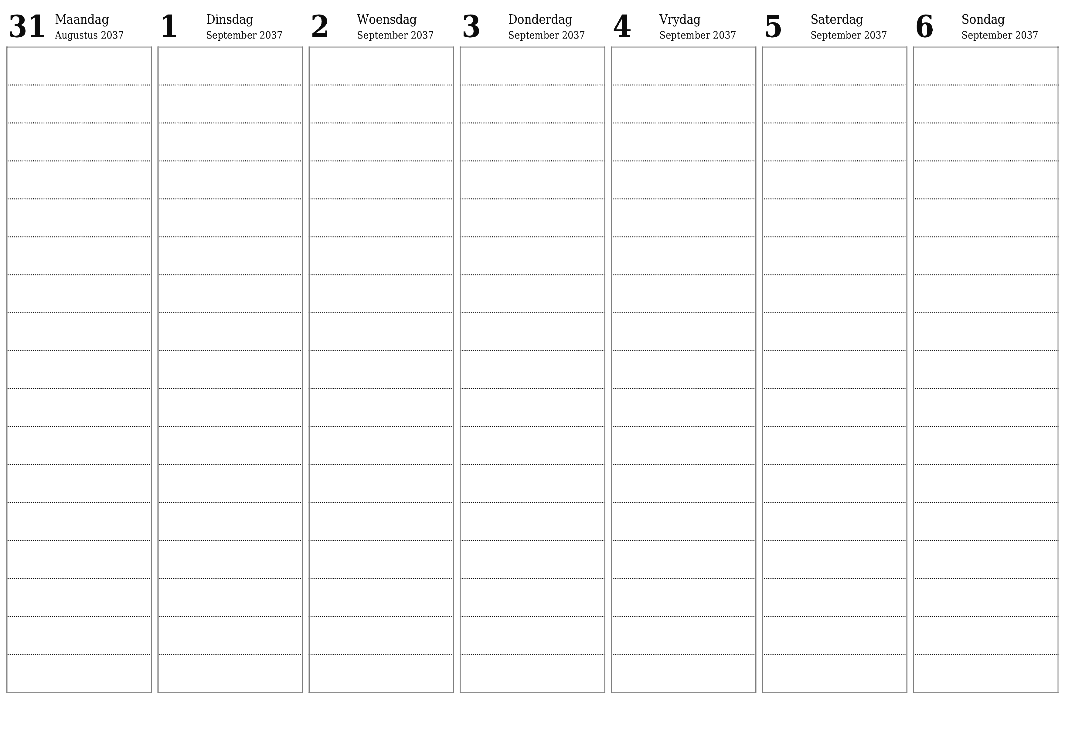 Leë weeklikse drukbare kalender en beplanner vir week September 2037 met notas, stoor en druk na PDF PNG Afrikaans