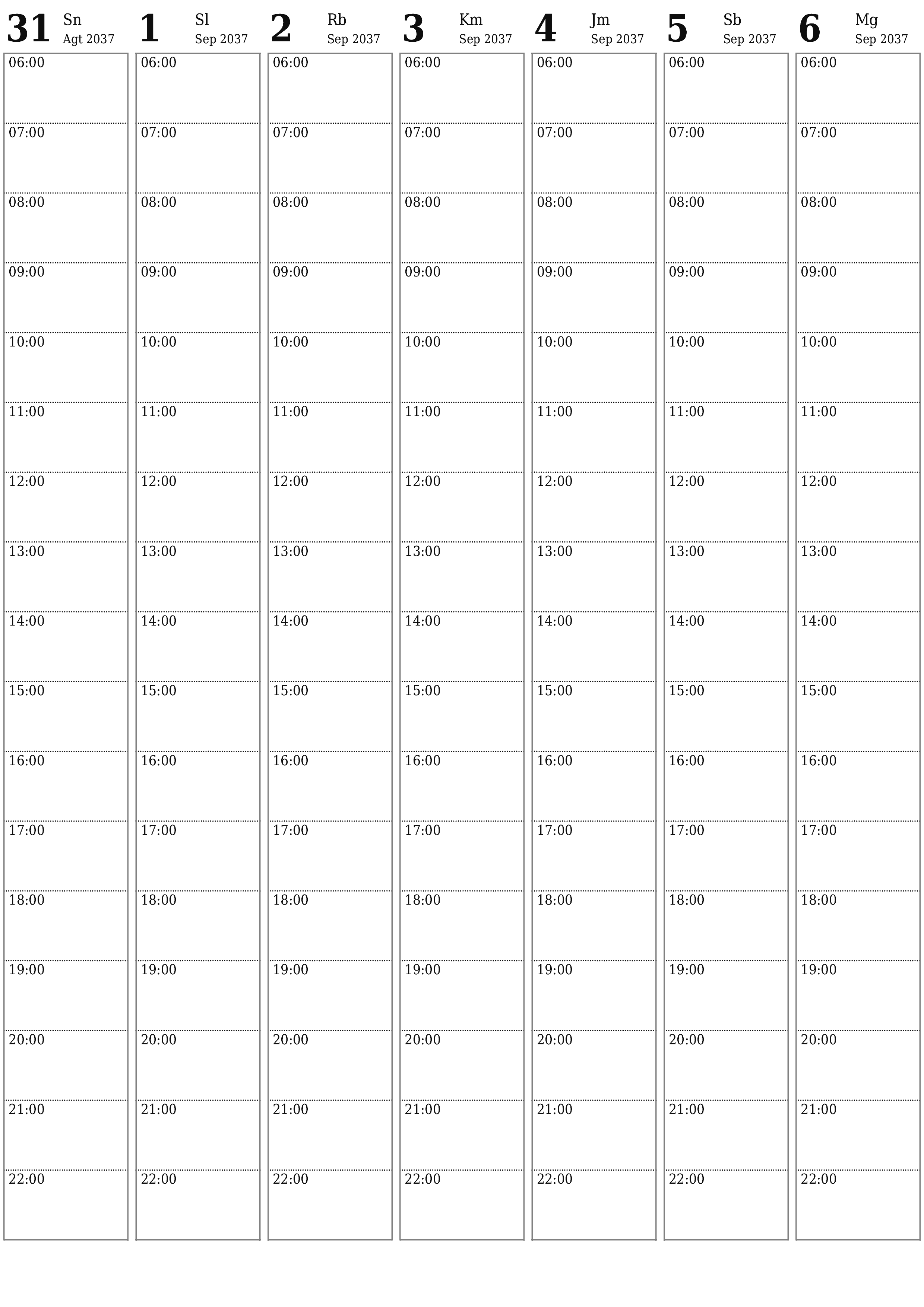  yang dapat dicetak dinding templat gratisvertikal Mingguan perencana kalender September (Sep) 2037