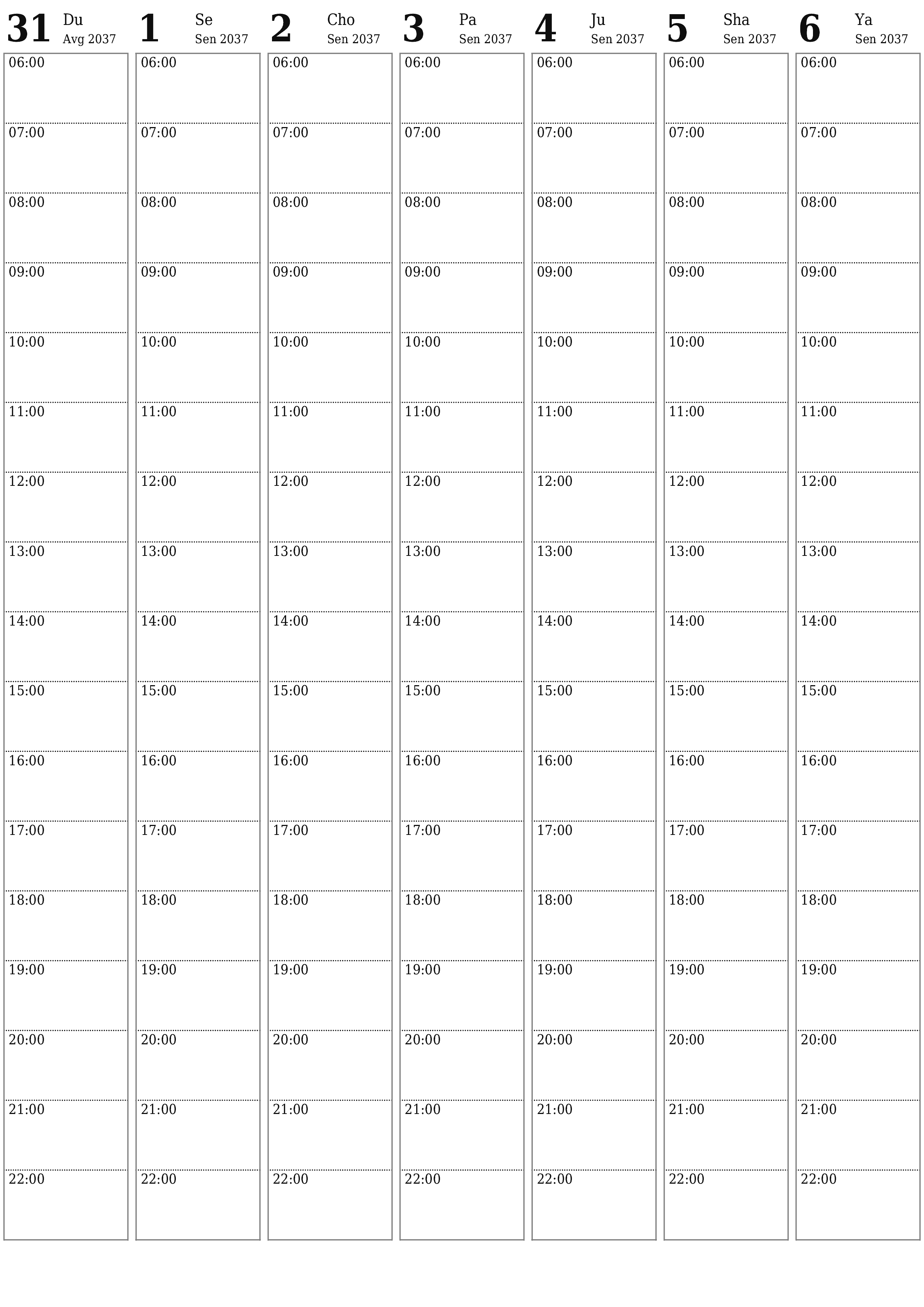 chop etiladigan devor taqvimi shabloni bepul vertikal Haftalik rejalashtiruvchi kalendar Sentabr (Sen) 2037