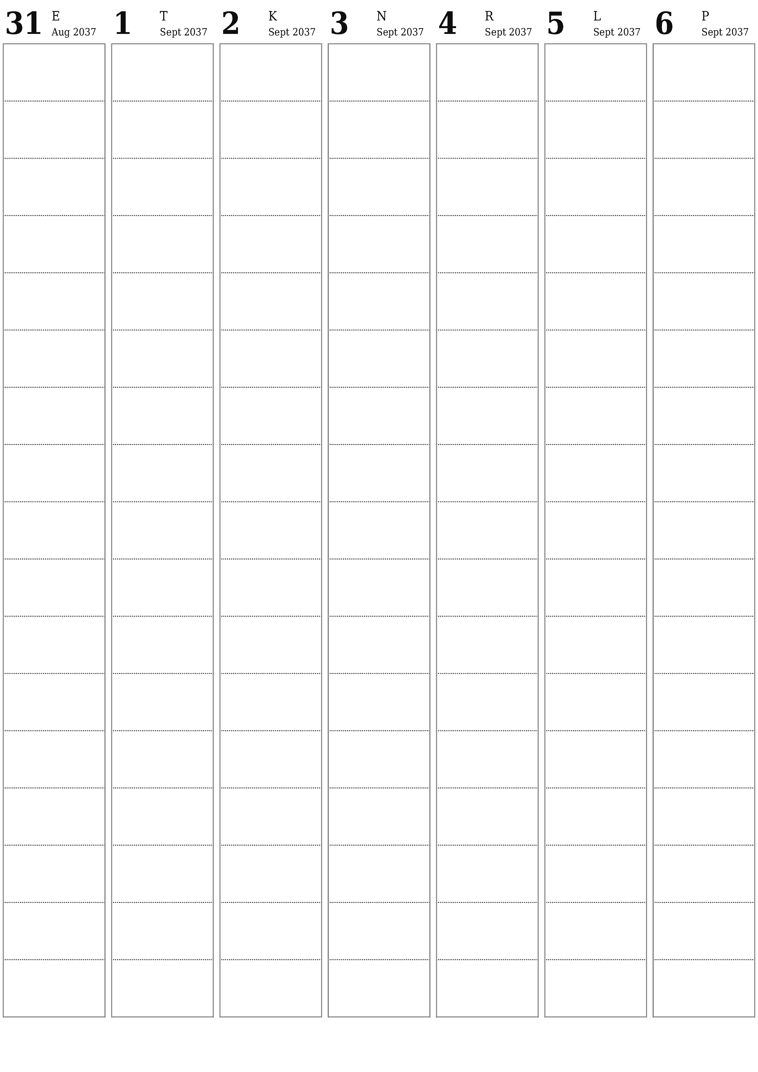 prinditav seina kalendri mall tasuta vertikaalne Nädalane planeerija kalender September (Sept) 2037
