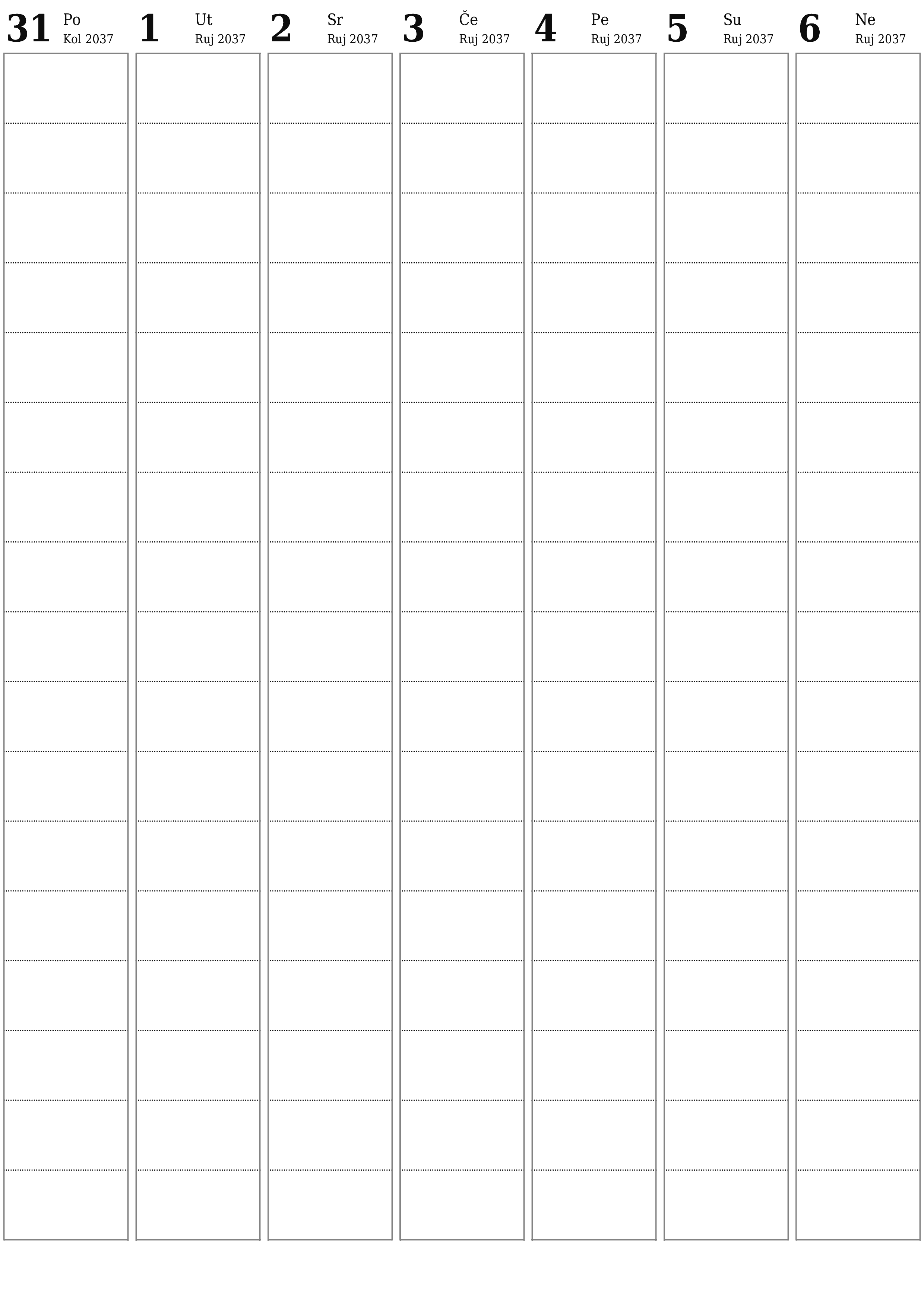  za ispis zidni predložak a besplatni okomito Tjedni planer kalendar Rujan (Ruj) 2037
