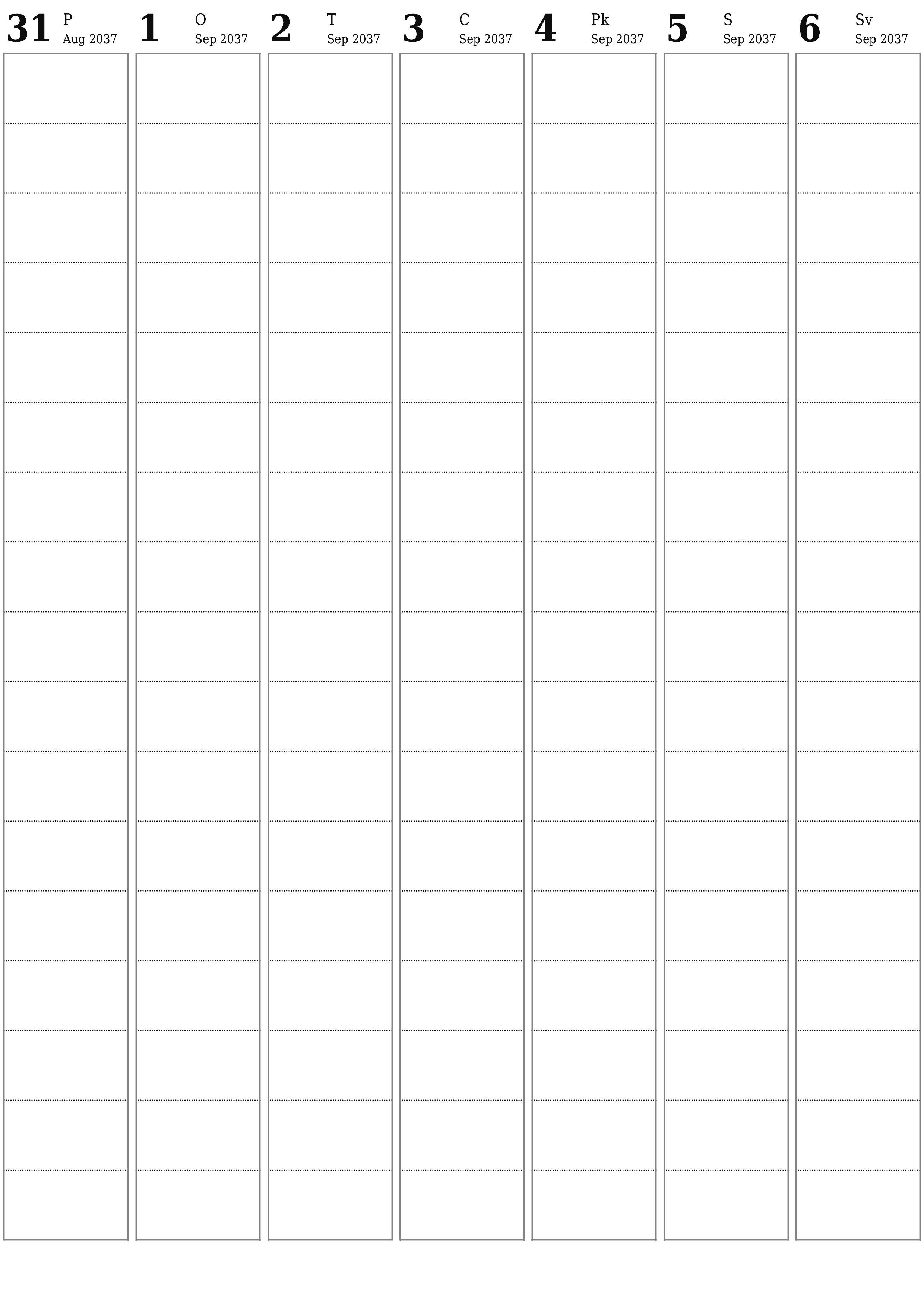 izdrukājams sienas kalendāra veidne bezmaksas vertikāli Nedēļas plānotājs kalendārs Septembris (Sep) 2037