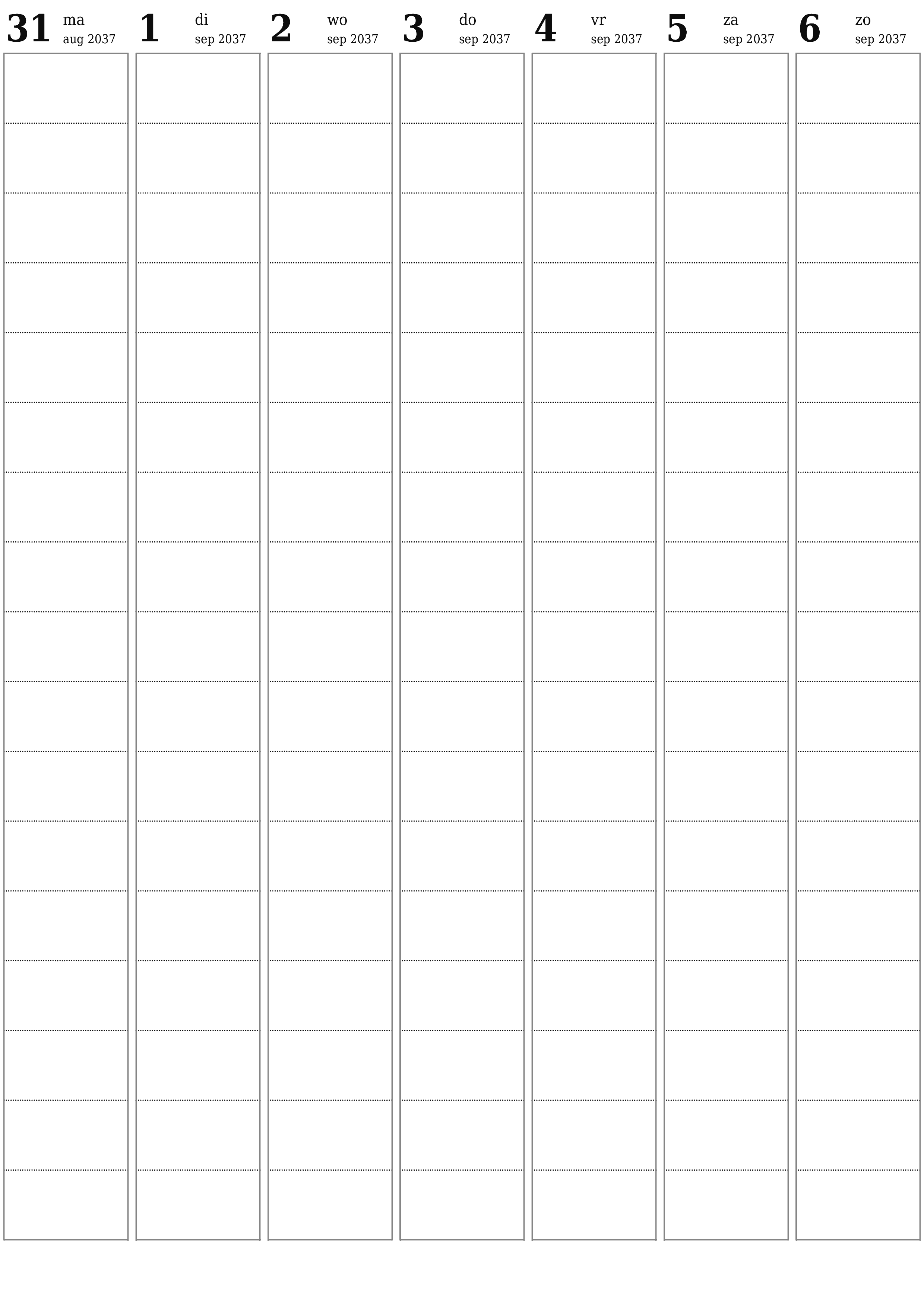 afdrukbare muur sjabloon gratis verticaal Wekelijks planner kalender september (sep) 2037