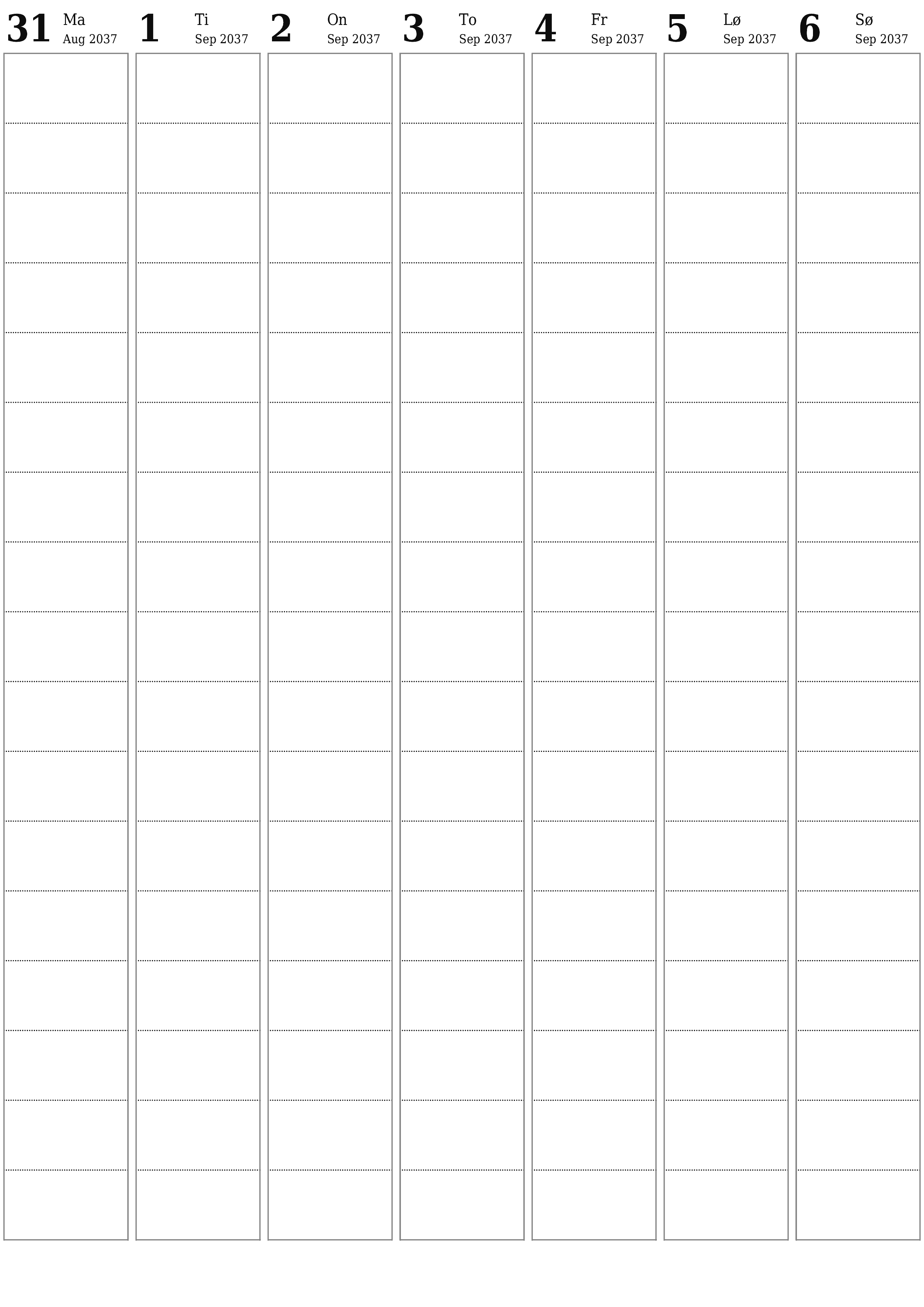 utskrivbar vegg mal gratis vertikal Ukentlig planlegger kalender September (Sep) 2037
