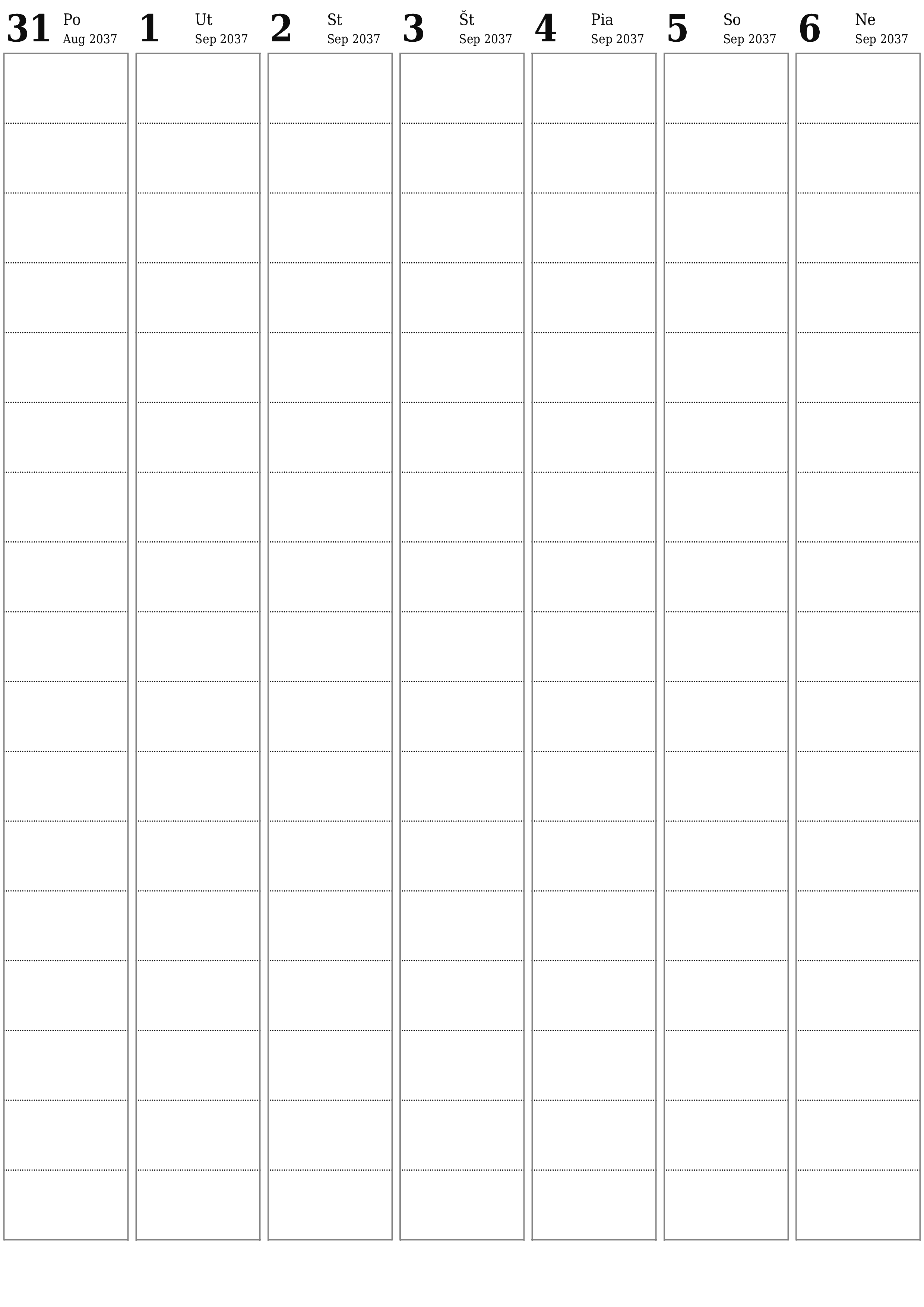 vytlačiteľný nástenný šablóna a bezplatný вертикальный Týždenne plánovač kalendár September (Sep) 2037