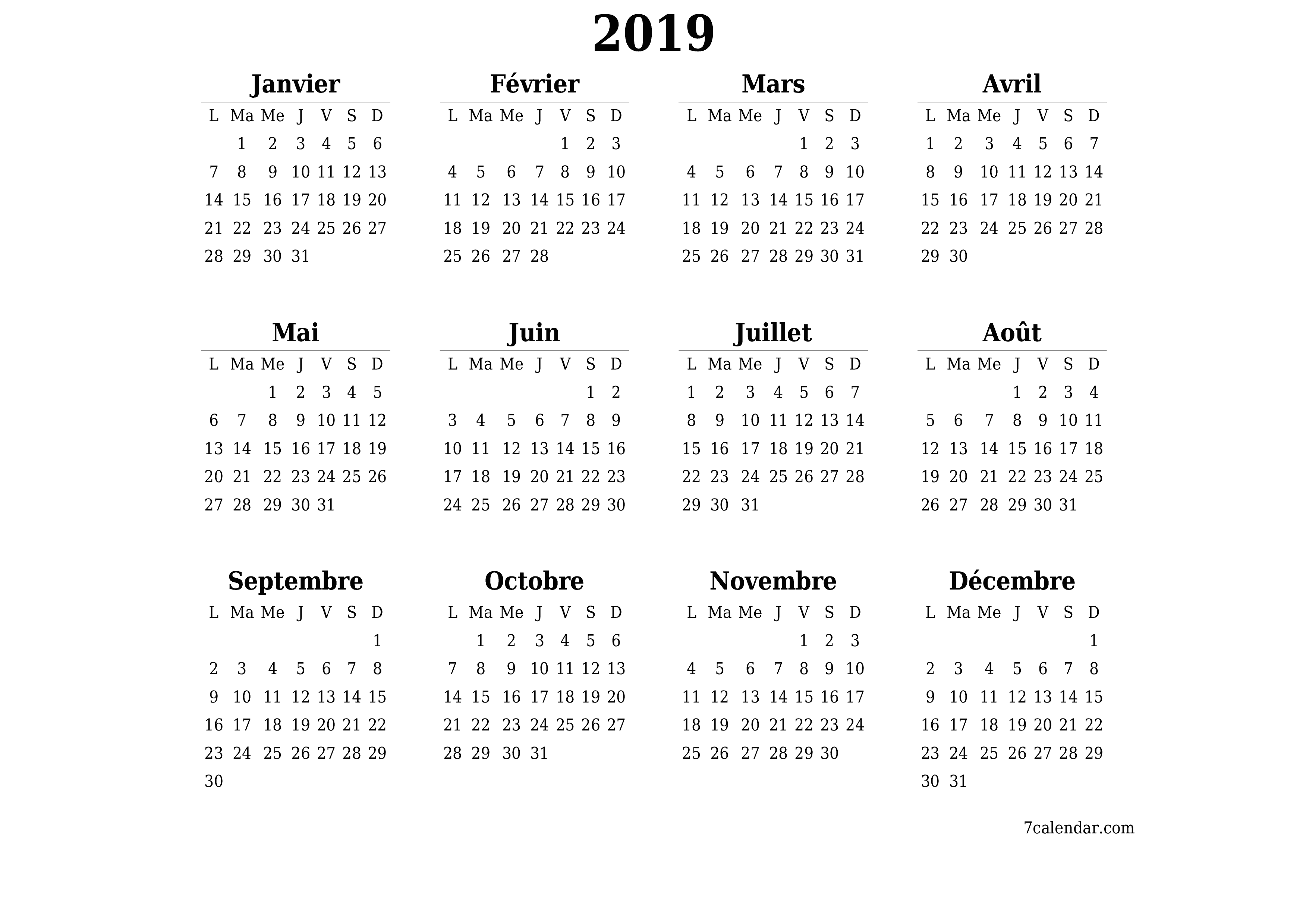 Calendrier annuel vide pour l'année 2019 avec notes, enregistrer et imprimer au format PDF PNG French