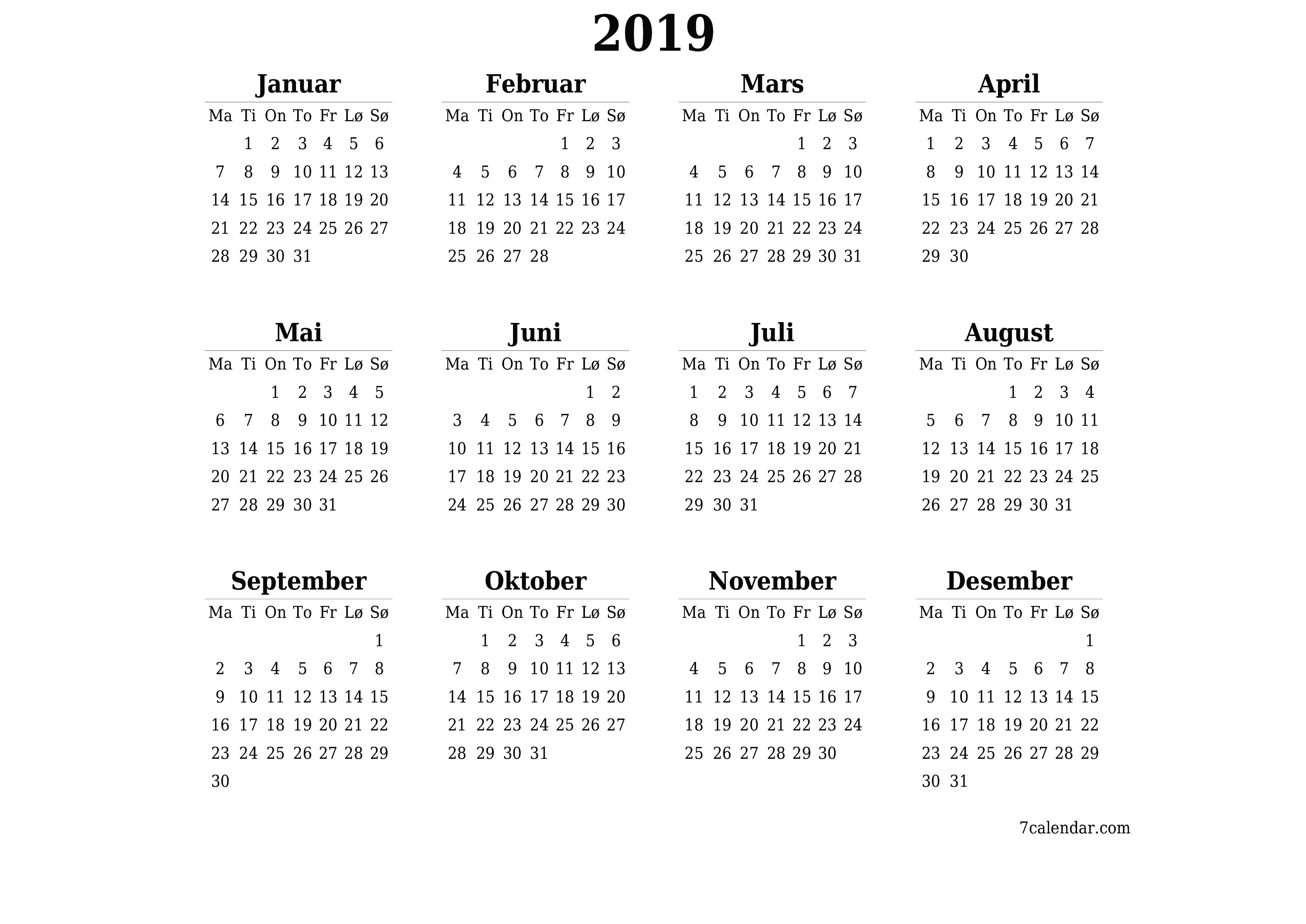 Tom årlig planleggerkalender for året 2019 med notater, lagre og skrive ut i PDF PNG Norwegian