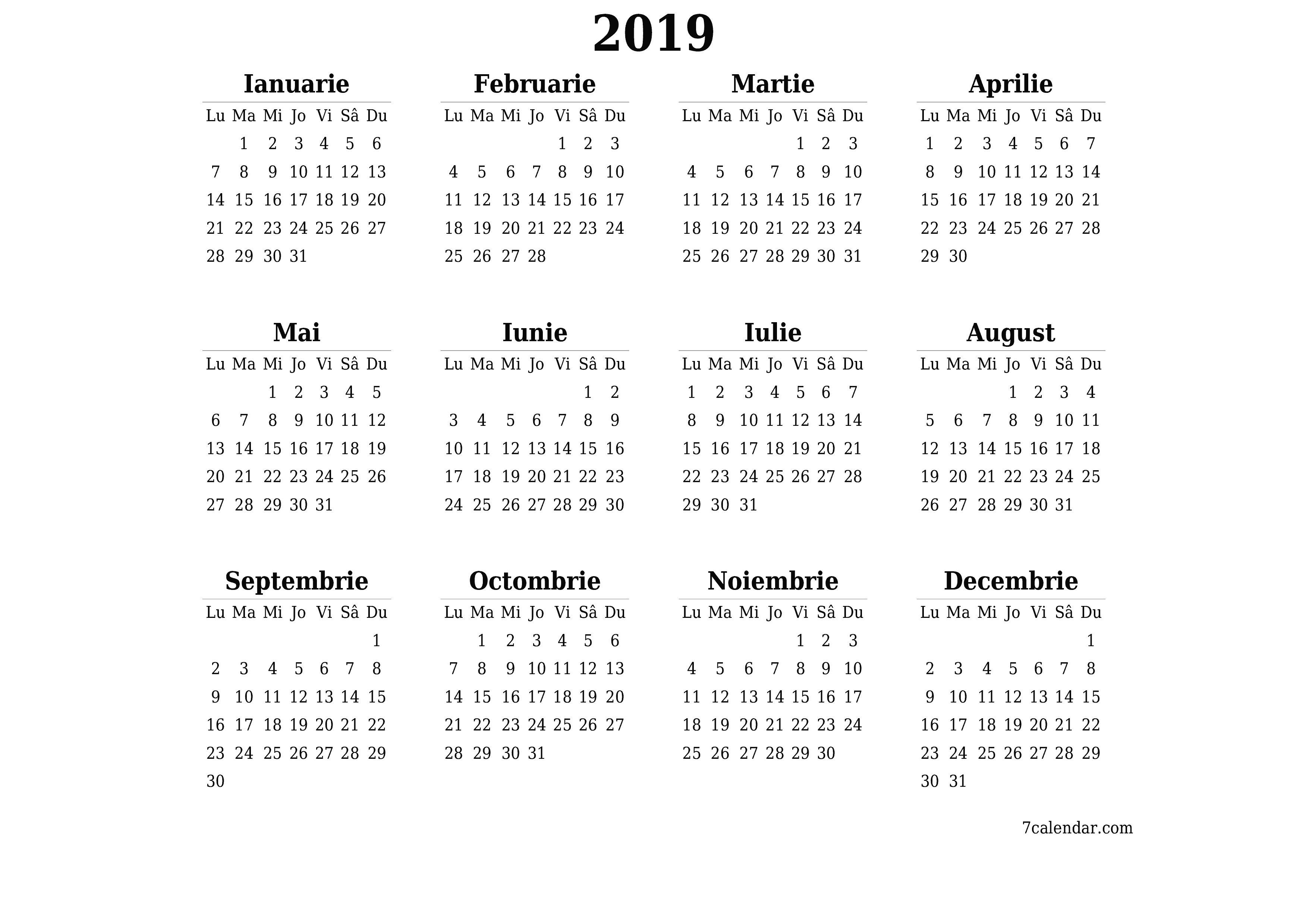 Goliți calendarul anual al planificatorului pentru anul 2019 cu note, salvați și tipăriți în PDF PNG Romanian