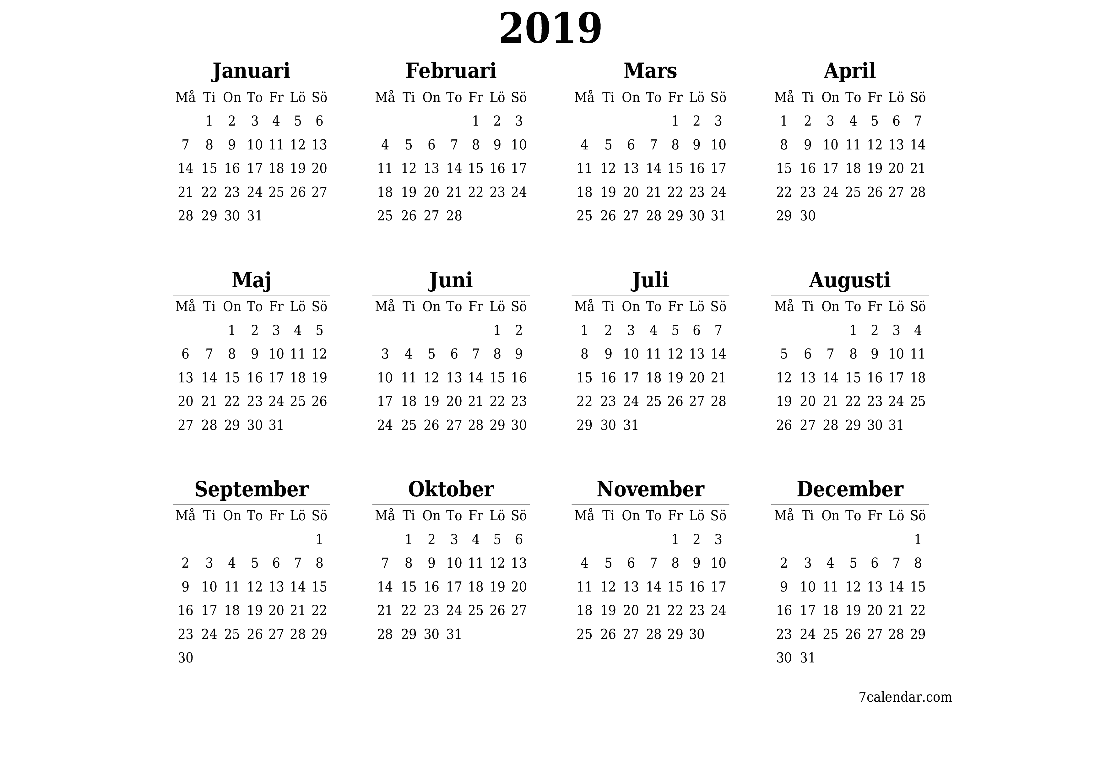 Tom årlig planeringskalender för året 2019 med anteckningar, spara och skriv ut till PDF PNG Swedish