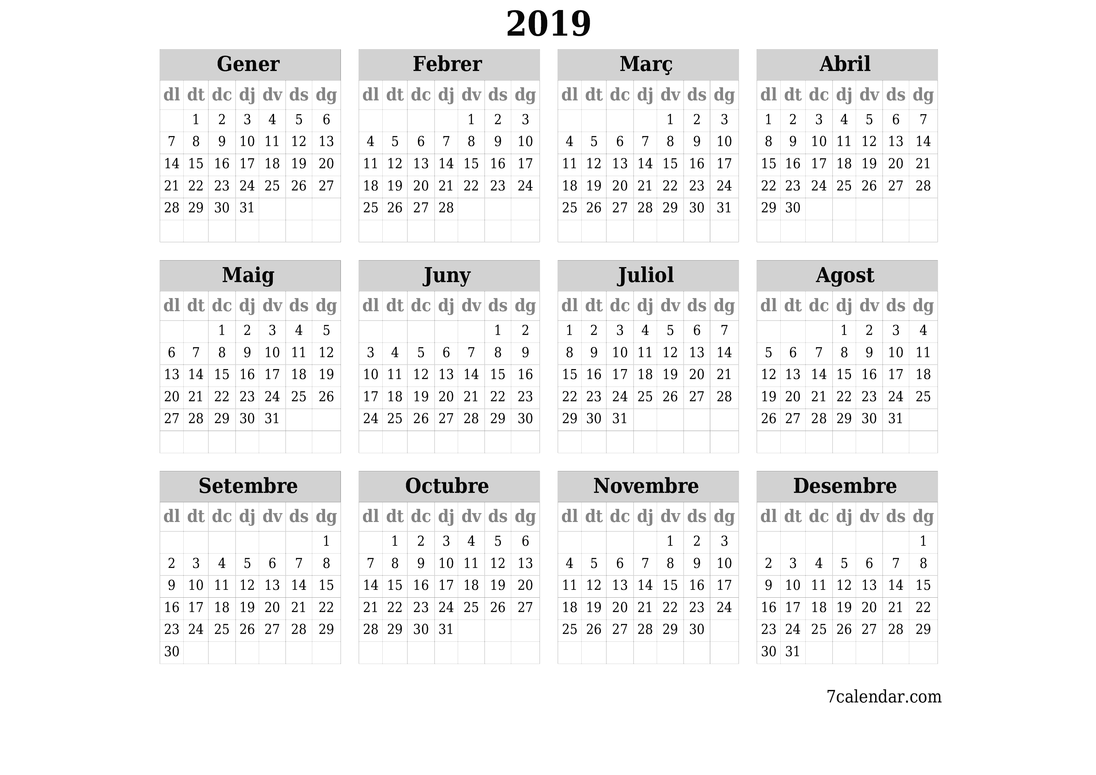  imprimible de paret plantilla de gratuïthoritzontal Anual calendari Abril (Abr) 2019