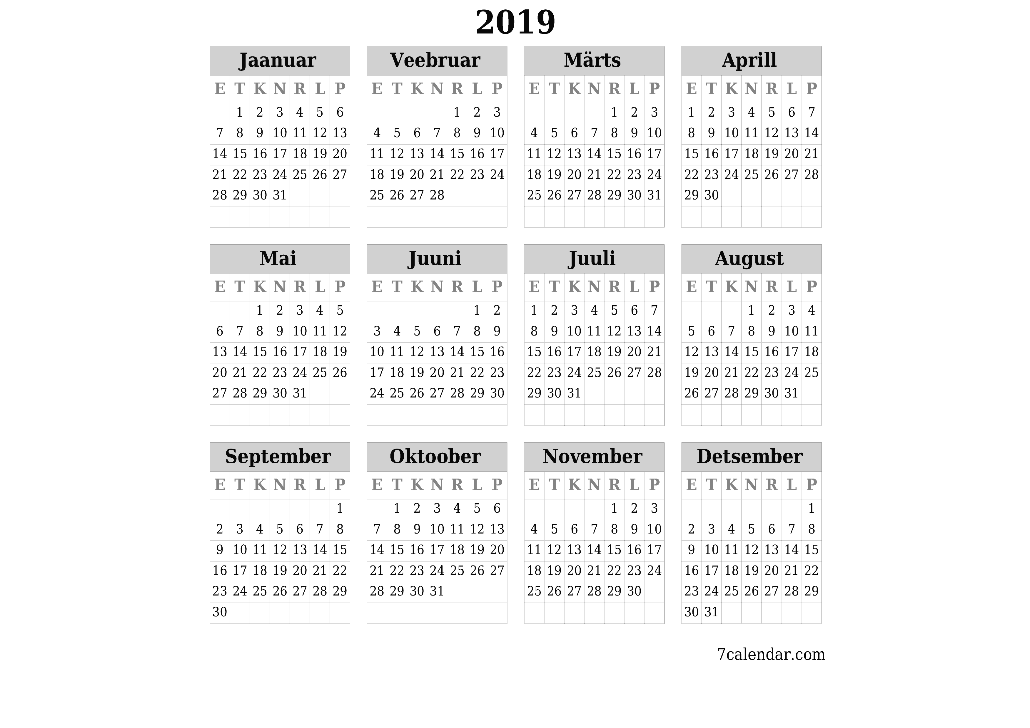 Tühi aasta planeerija kalender aastaks 2019 koos märkmetega, salvestage ja printige PDF-i PNG Estonian