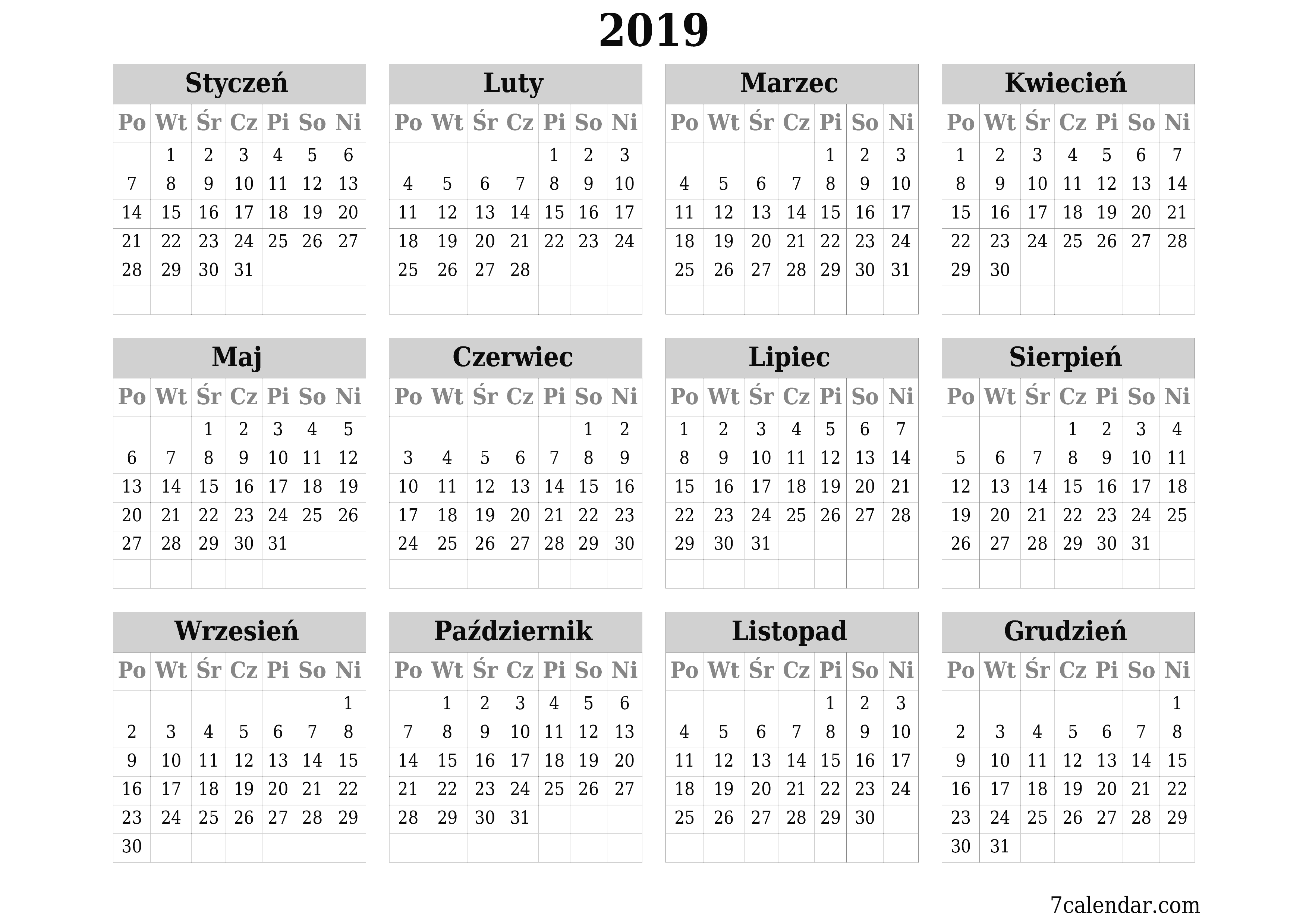 Opróżnij kalendarz rocznego planowania na rok 2019 z notatkami, zapisz i wydrukuj w formacie PDF PNG Polish