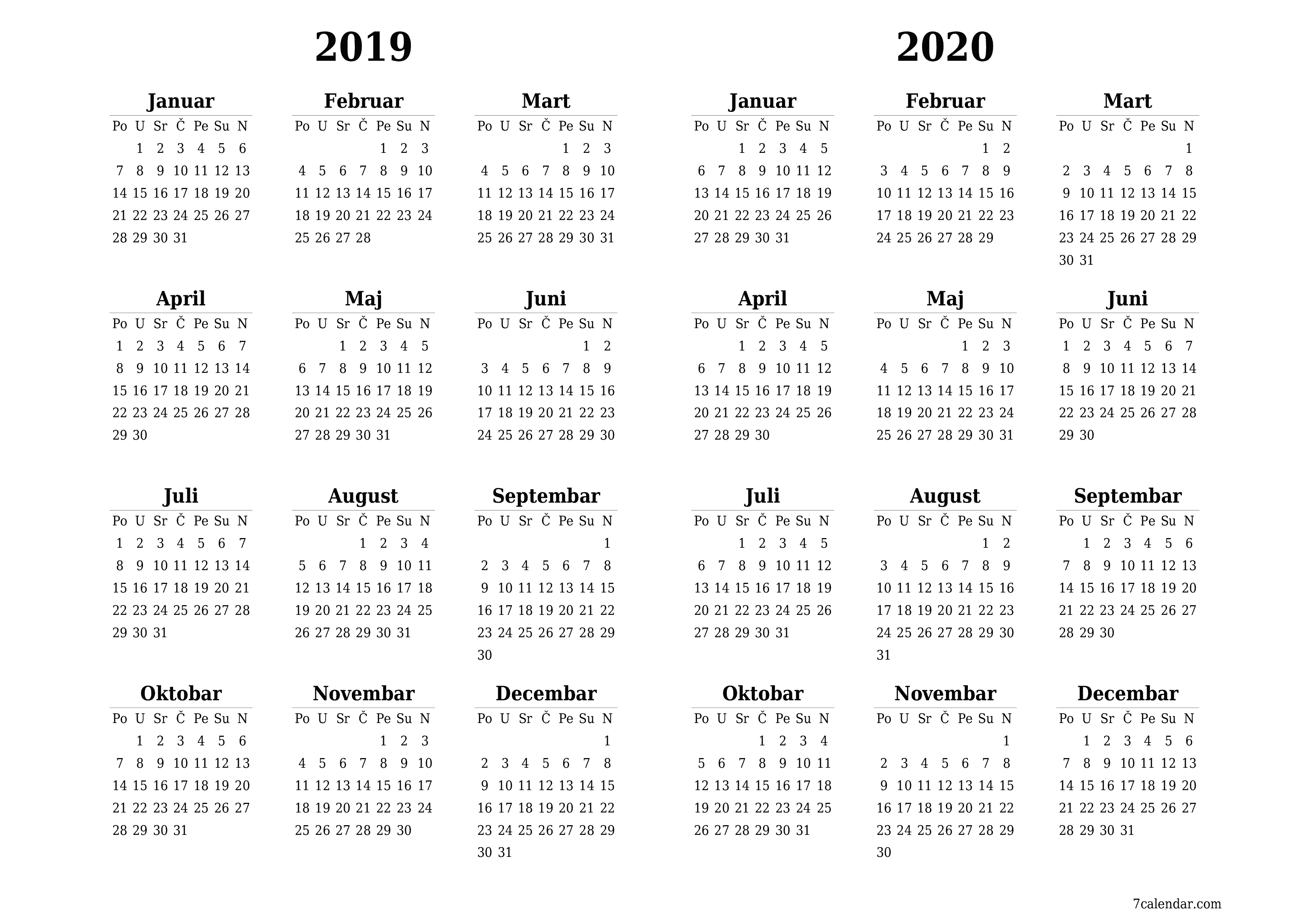  za štampanje zidni šablon a besplatni horizontalno Godišnje kalendar Juni (Jun) 2019