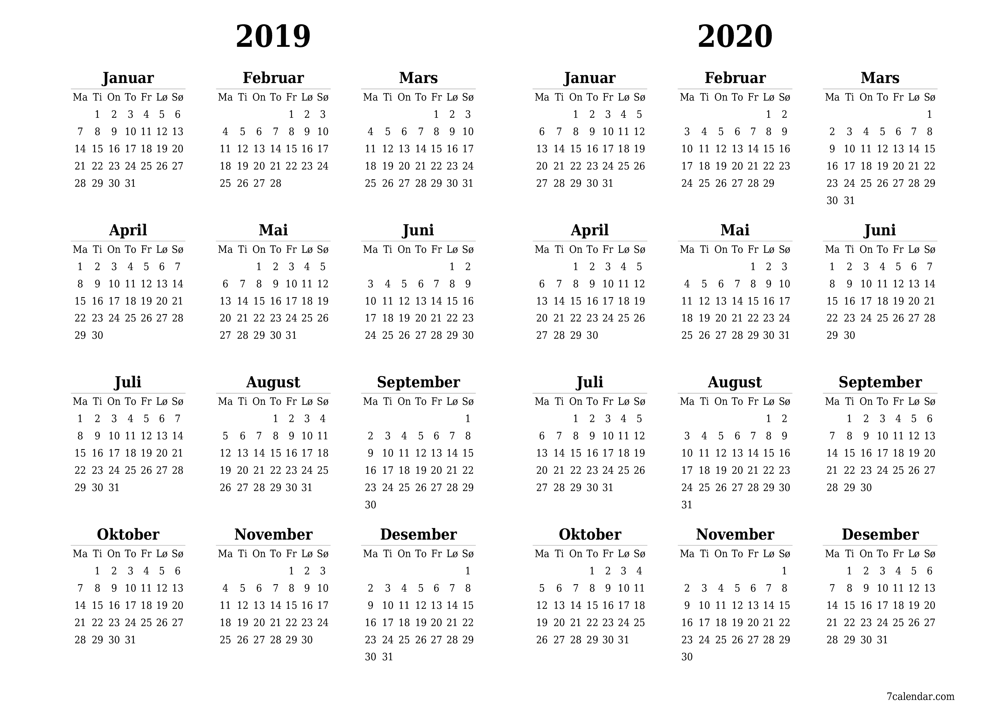 Tom årlig planleggerkalender for året 2019, 2020 med notater, lagre og skrive ut i PDF PNG Norwegian