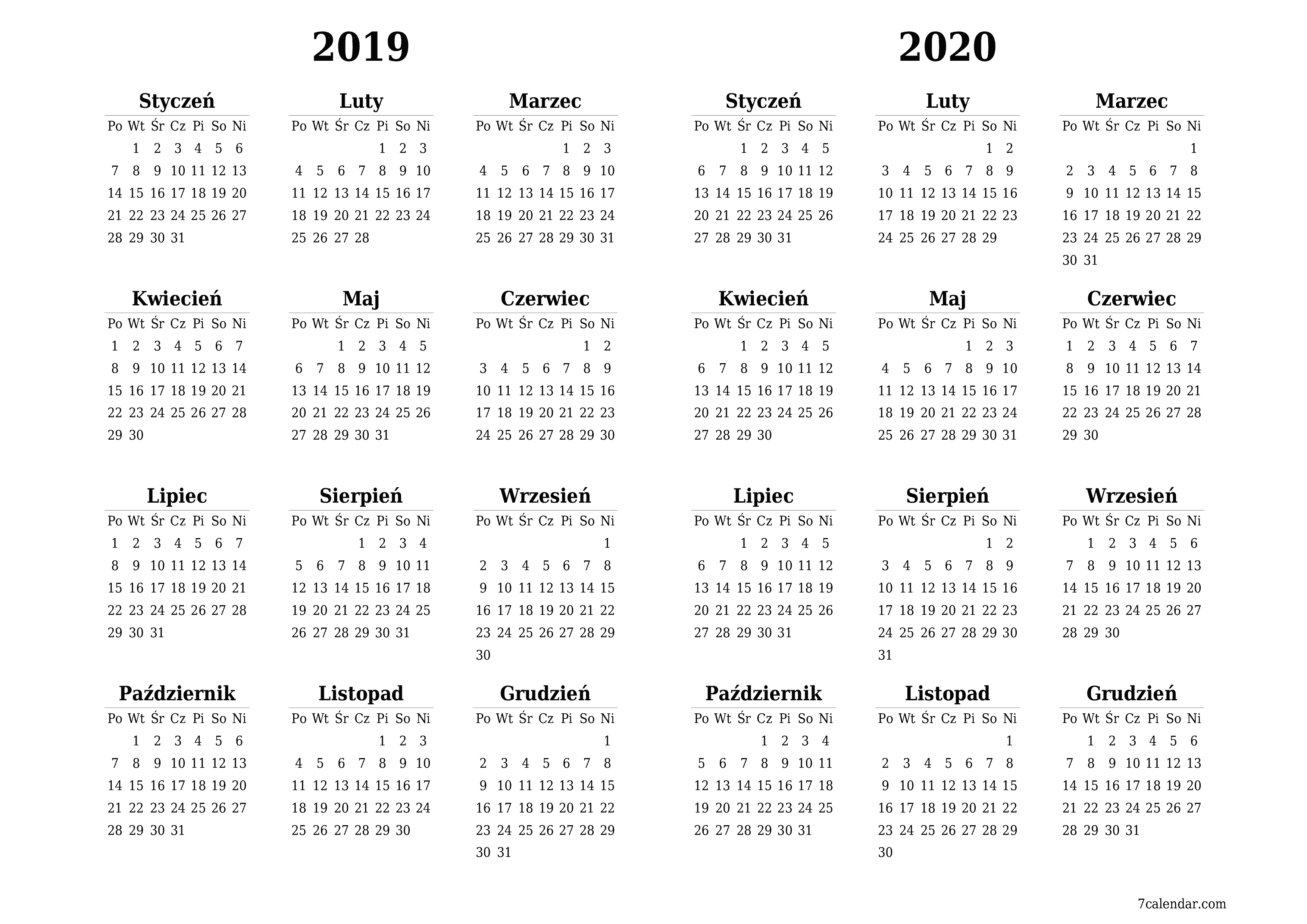 do druku ścienny szablon a darmowy poziomy Roczny kalendarz Czerwiec (Cze) 2019