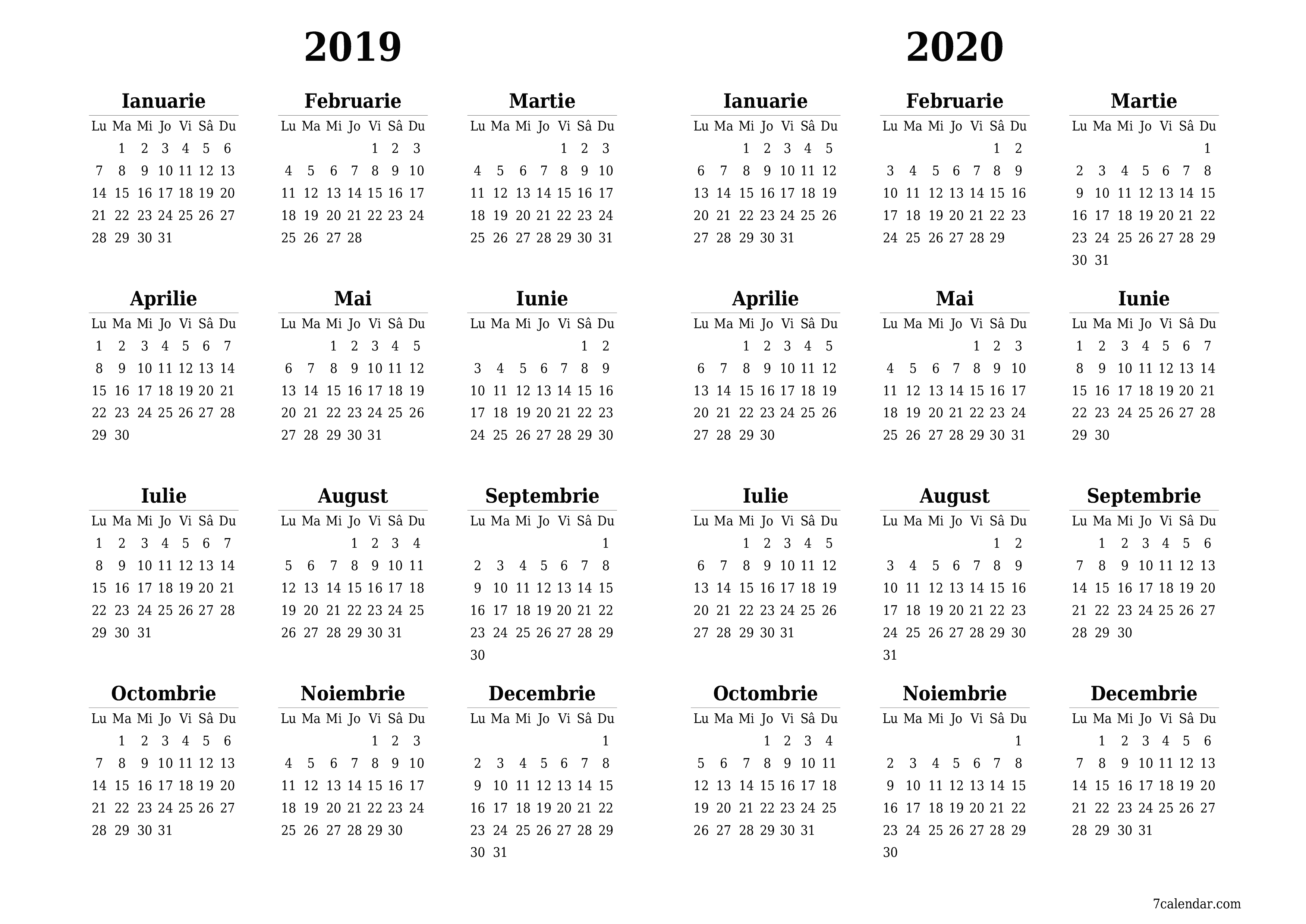 Goliți calendarul anual al planificatorului pentru anul 2019, 2020 cu note, salvați și tipăriți în PDF PNG Romanian