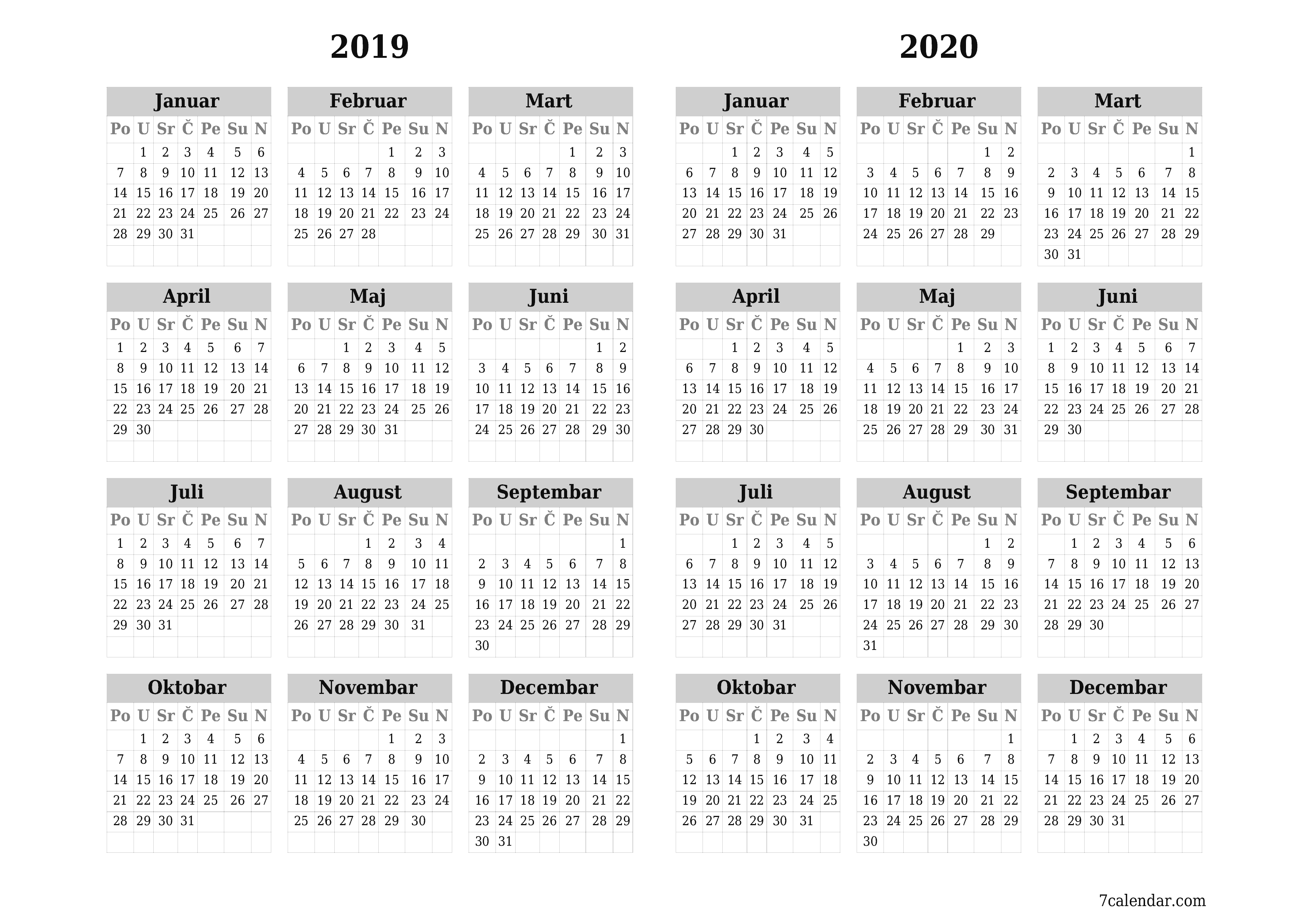 Ispraznite godišnji kalendar planera za godinu 2019, 2020 s bilješkama, spremite i ispišite u PDF PNG Bosnian