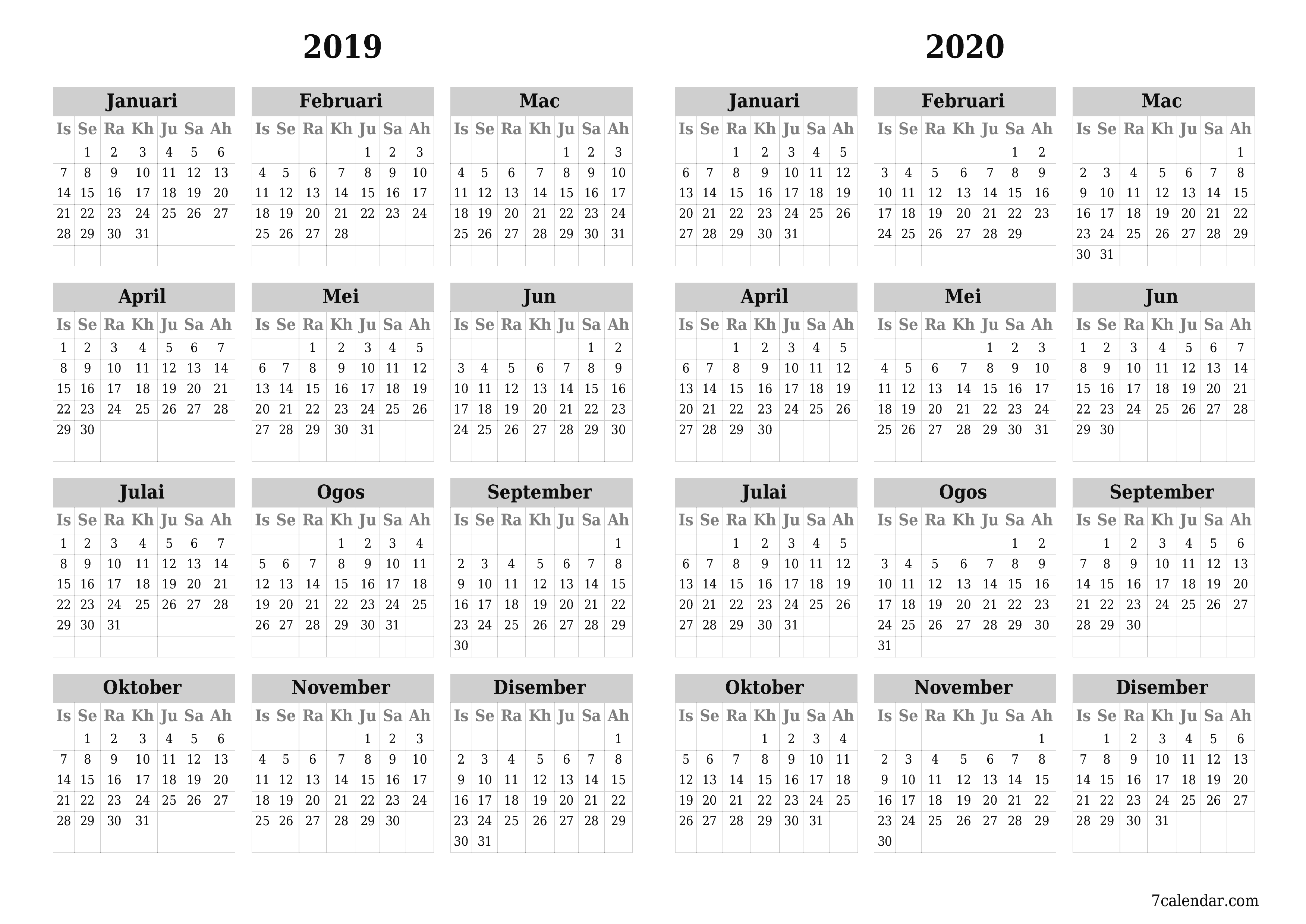 Kalendar perancang tahunan kosong untuk tahun ini 2019, 2020 dengan nota, simpan dan cetak ke PDF PNG Malay