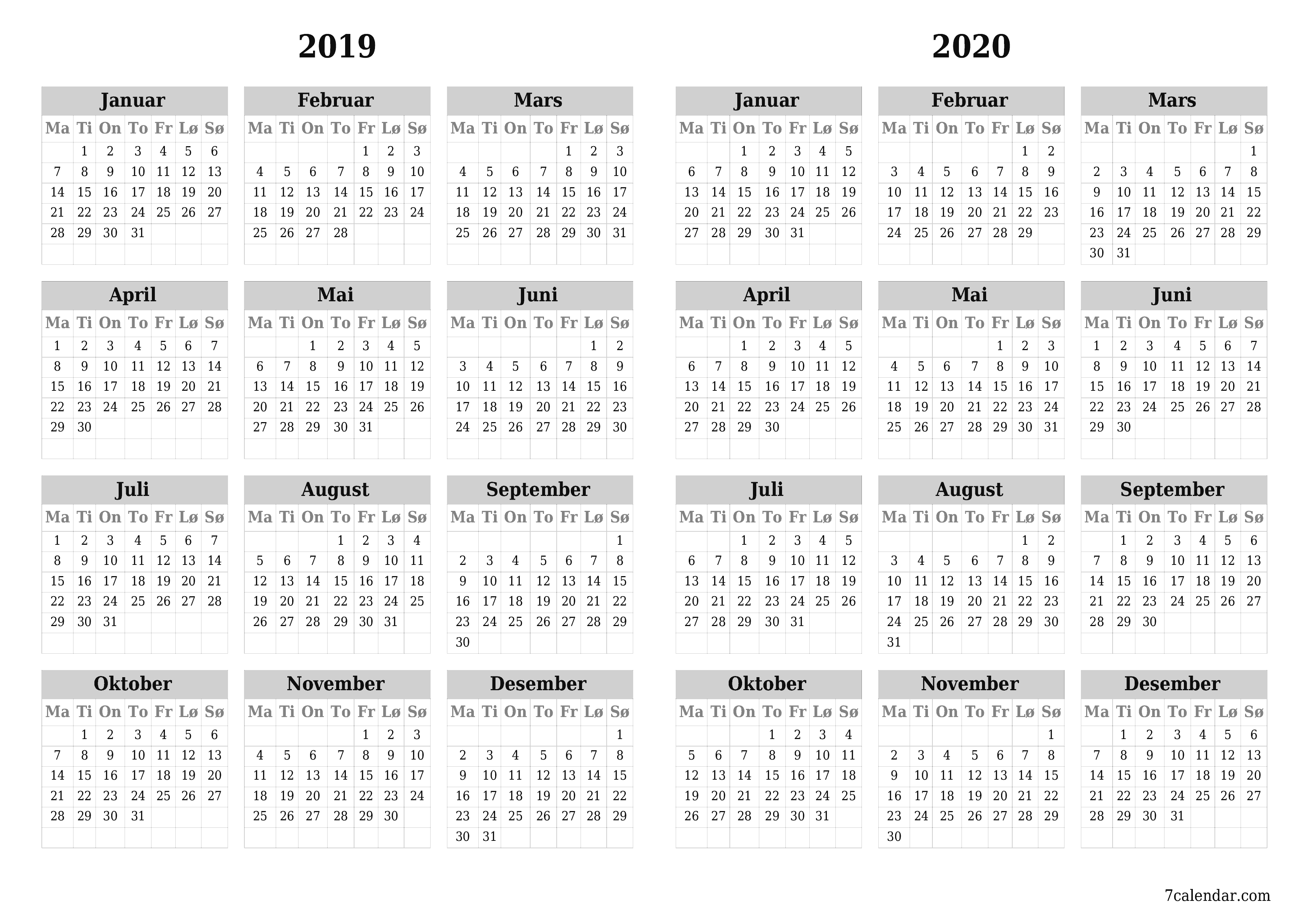 Tom årlig planleggerkalender for året 2019, 2020 med notater, lagre og skrive ut i PDF PNG Norwegian