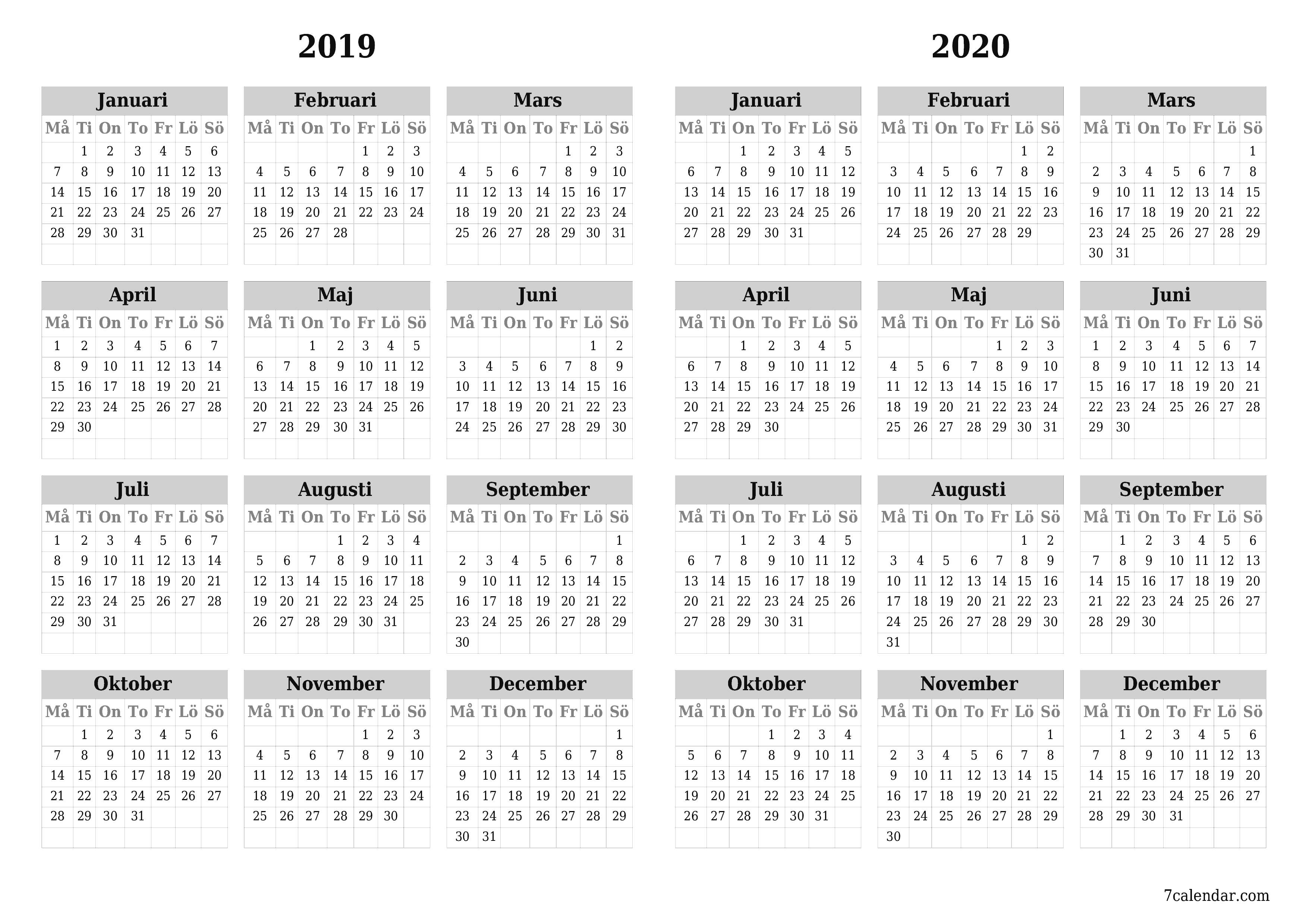 Tom årlig planeringskalender för året 2019, 2020 med anteckningar, spara och skriv ut till PDF PNG Swedish