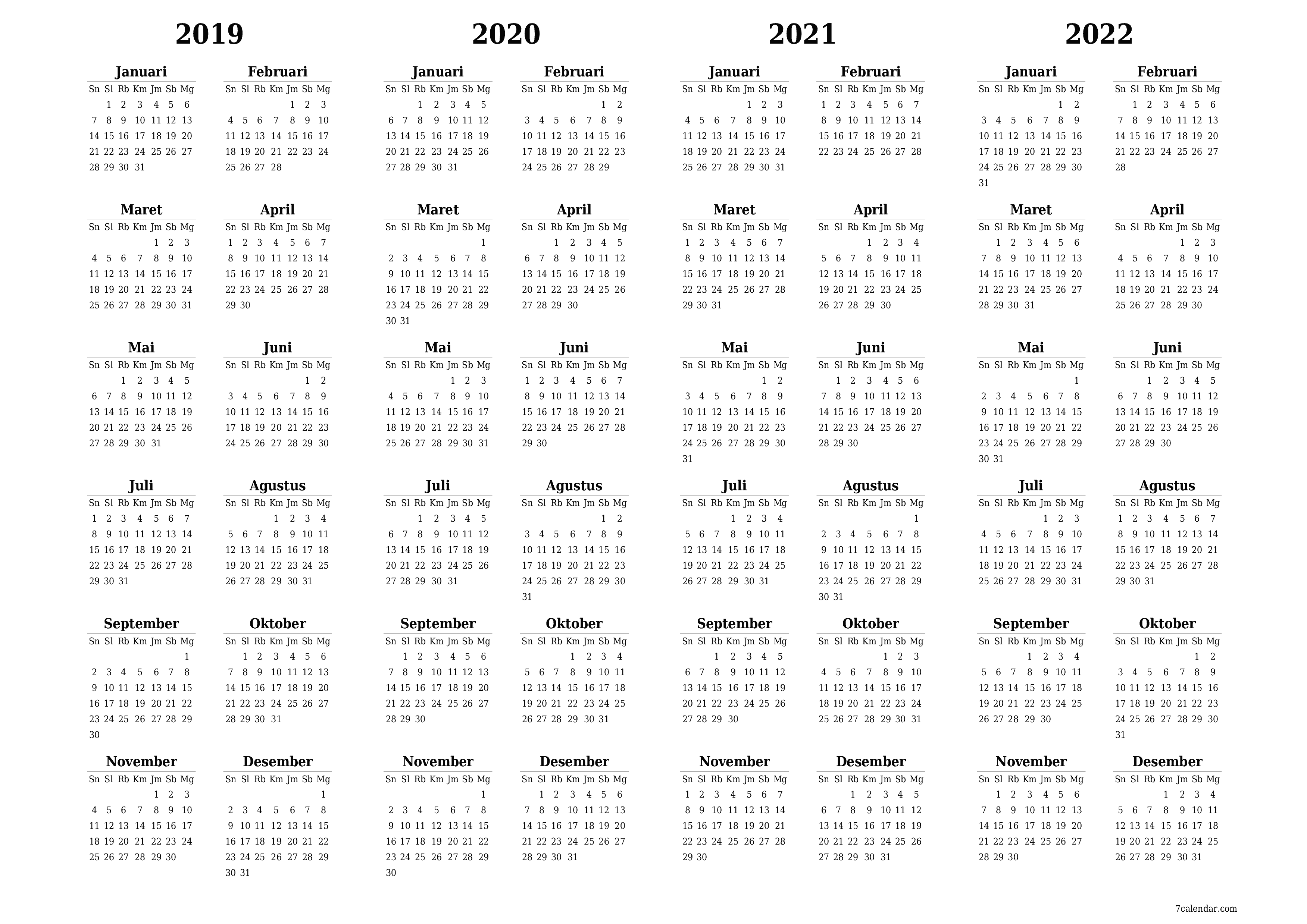 Kosongkan kalender perencana tahunan untuk tahun ini 2019, 2020, 2021, 2022 dengan catatan, simpan dan cetak ke PDF PNG Indonesian