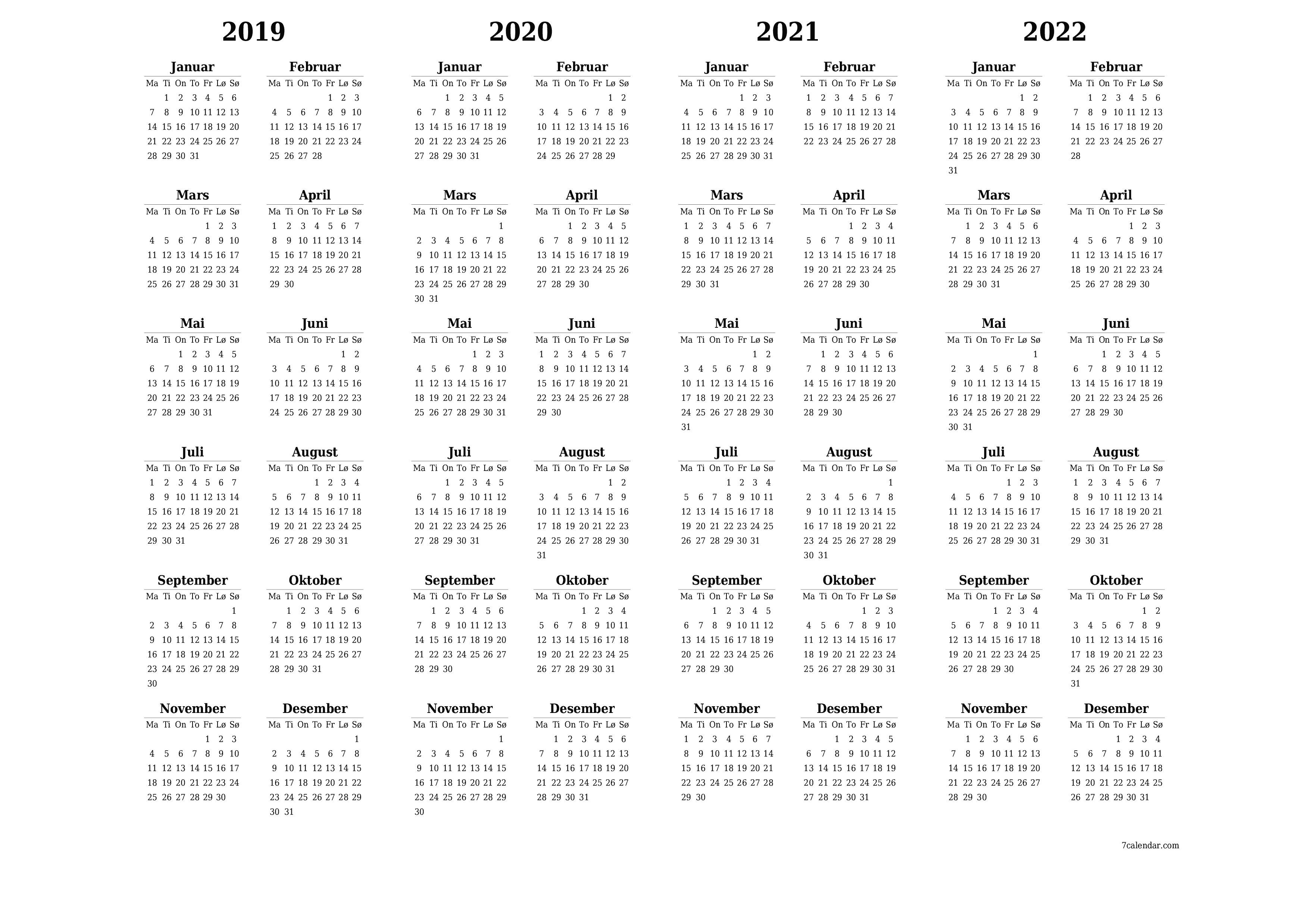 Tom årlig planleggerkalender for året 2019, 2020, 2021, 2022 med notater, lagre og skrive ut i PDF PNG Norwegian