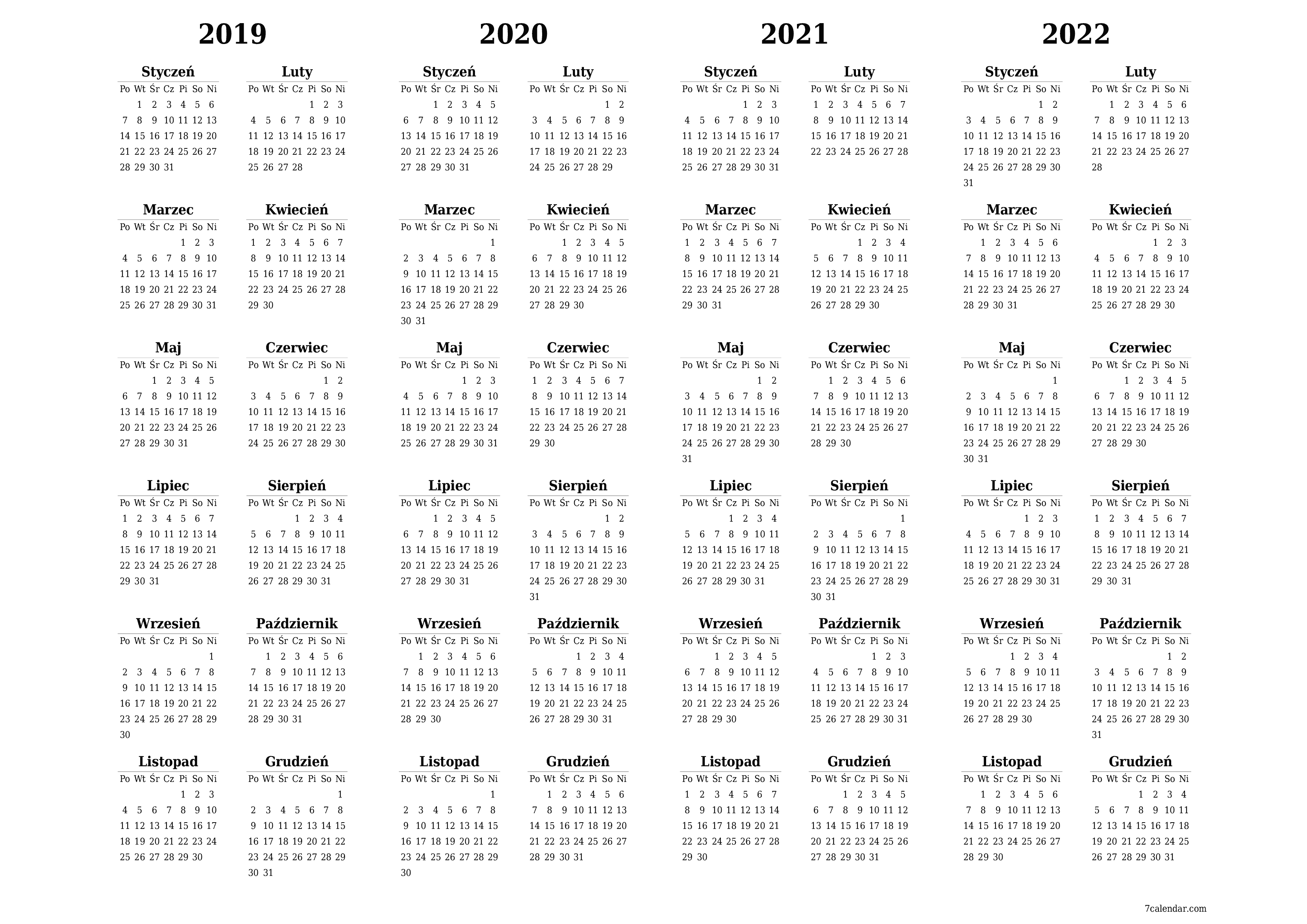 Opróżnij kalendarz rocznego planowania na rok 2019, 2020, 2021, 2022 z notatkami, zapisz i wydrukuj w formacie PDF PNG Polish