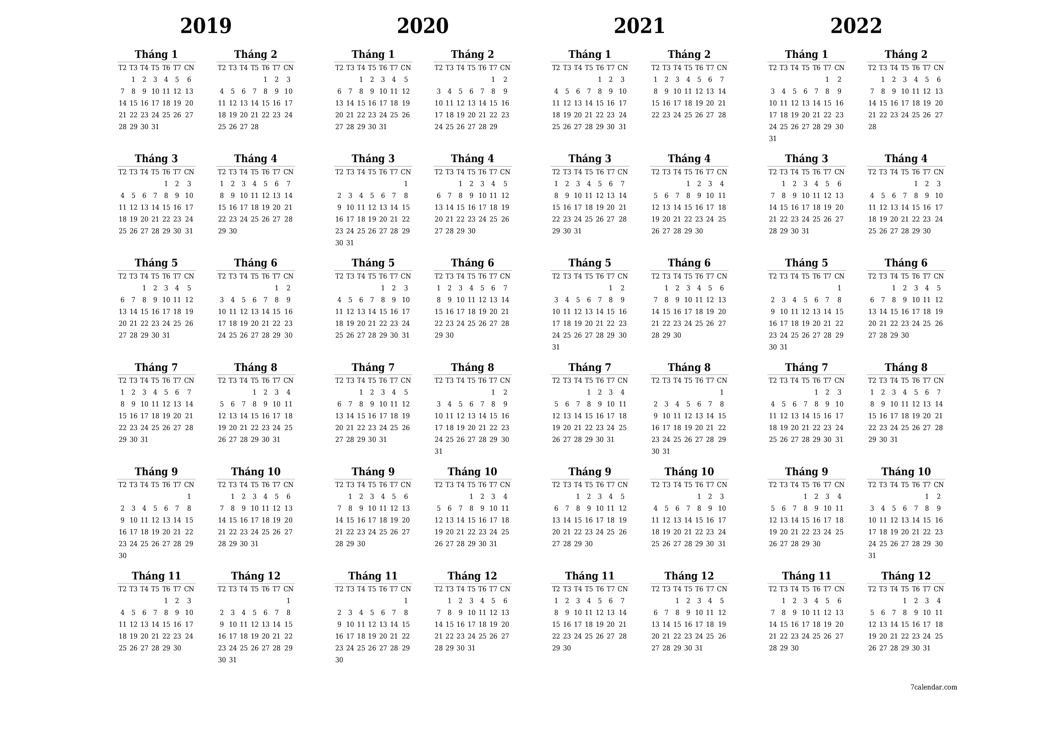 Lịch kế hoạch hàng năm trống cho năm 2019, 2020, 2021, 2022 có ghi chú, lưu và in sang PDF PNG Vietnamese