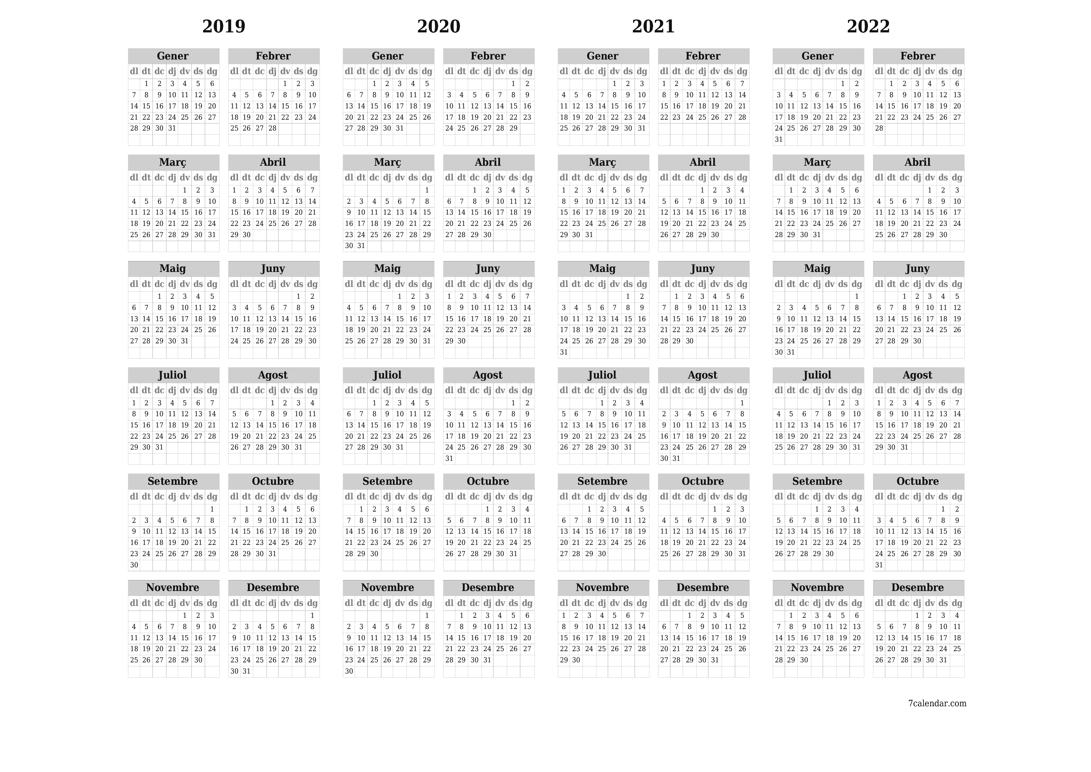 Planificador anual buit 2019, 2020, 2021, 2022 amb notes desades i imprimides en PDF PNG Catalan