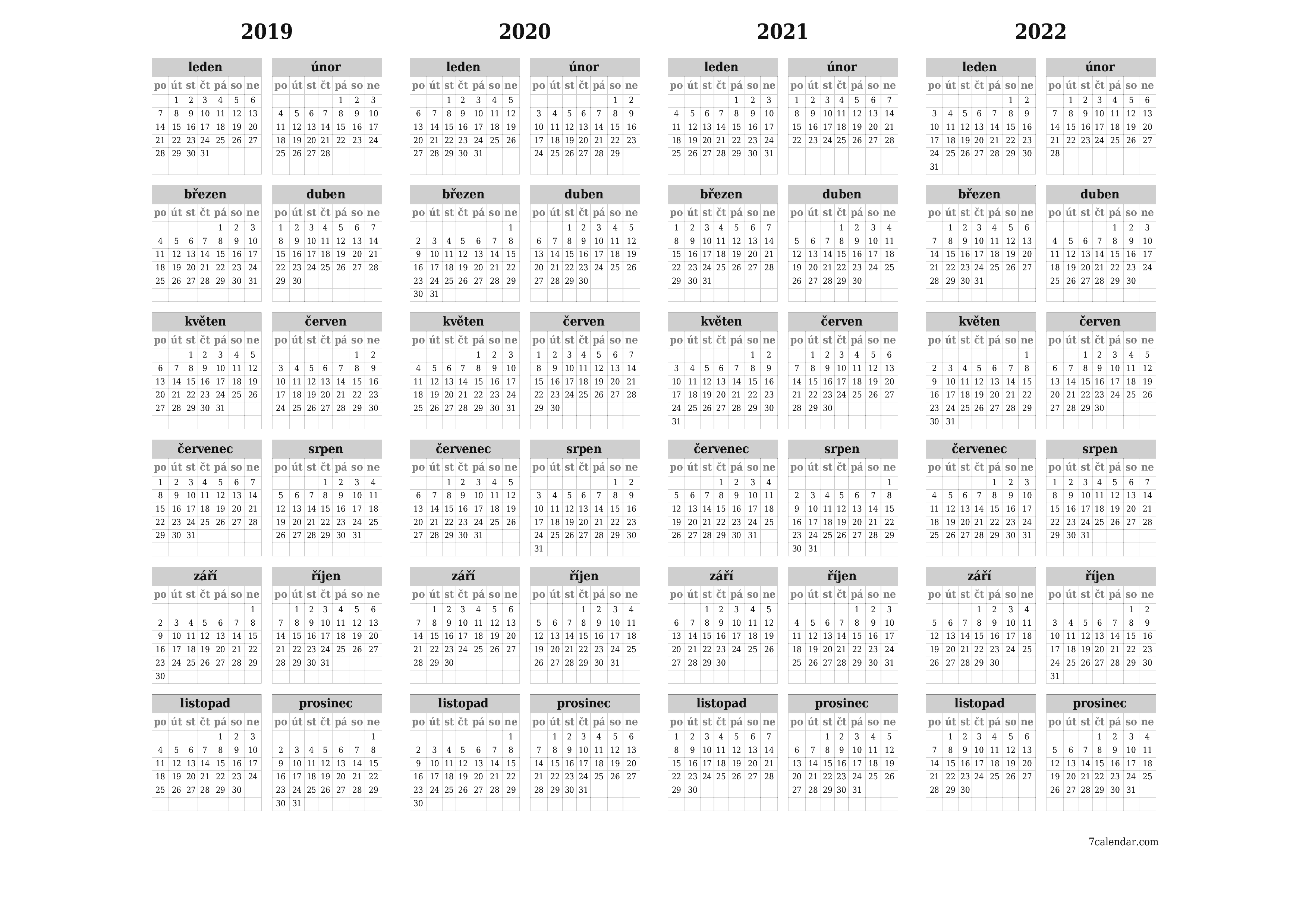 Prázdný roční kalendář plánovače pro rok 2019, 2020, 2021, 2022 s poznámkami, uložením a tiskem do PDF PNG Czech