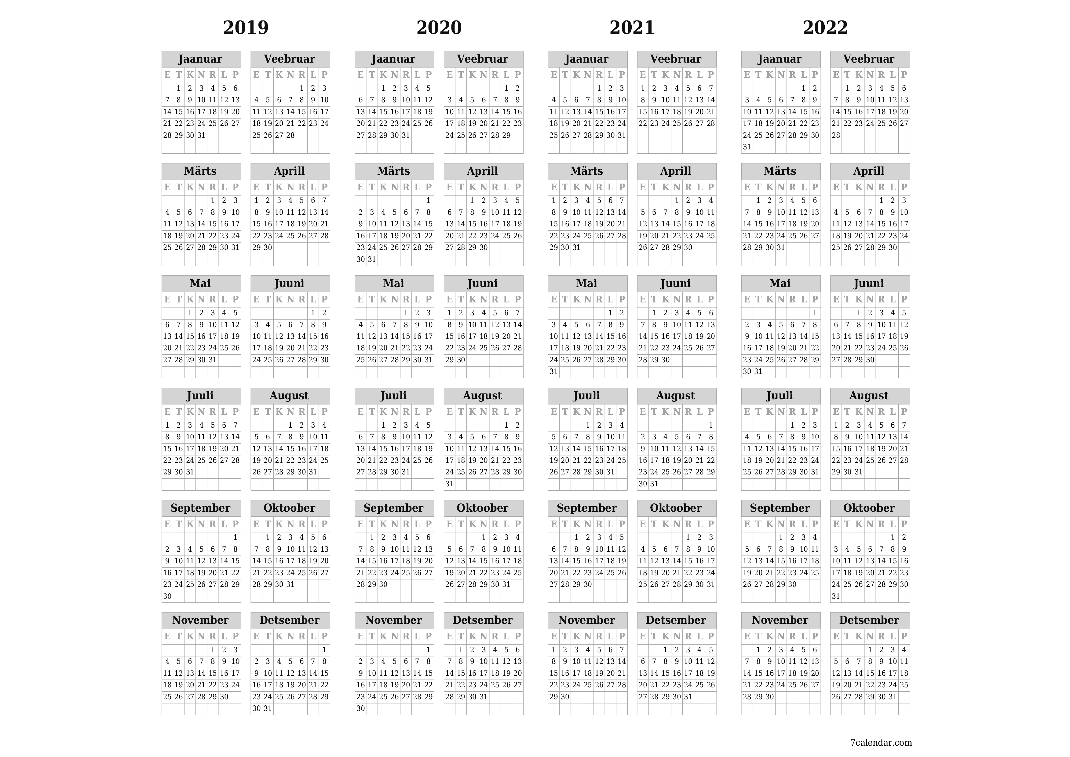 Tühi aasta planeerija kalender aastaks 2019, 2020, 2021, 2022 koos märkmetega, salvestage ja printige PDF-i PNG Estonian