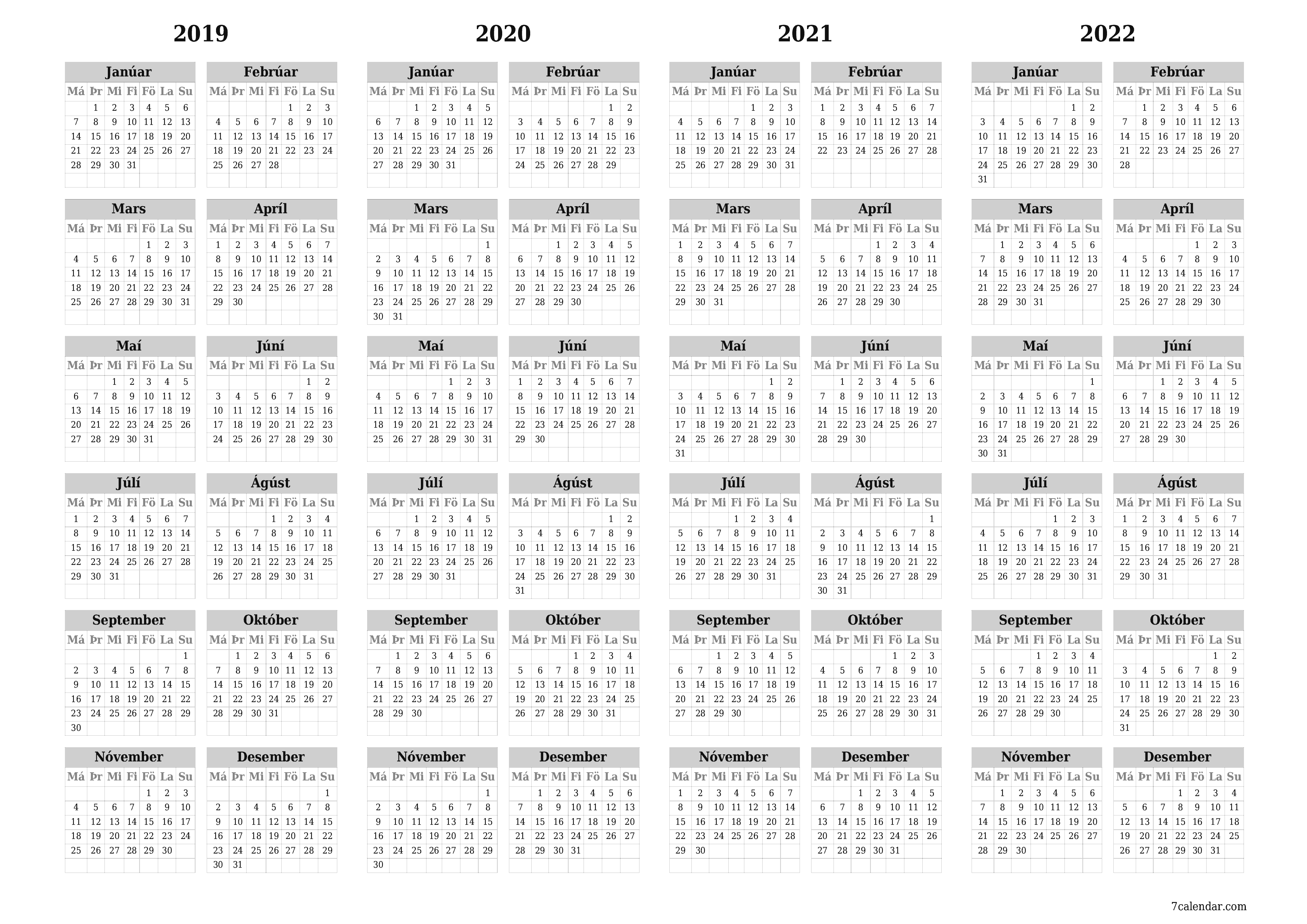 Tómt árlegt dagatal skipuleggjanda fyrir árið 2019, 2020, 2021, 2022 með athugasemdum, vista og prenta á PDF PNG Icelandic